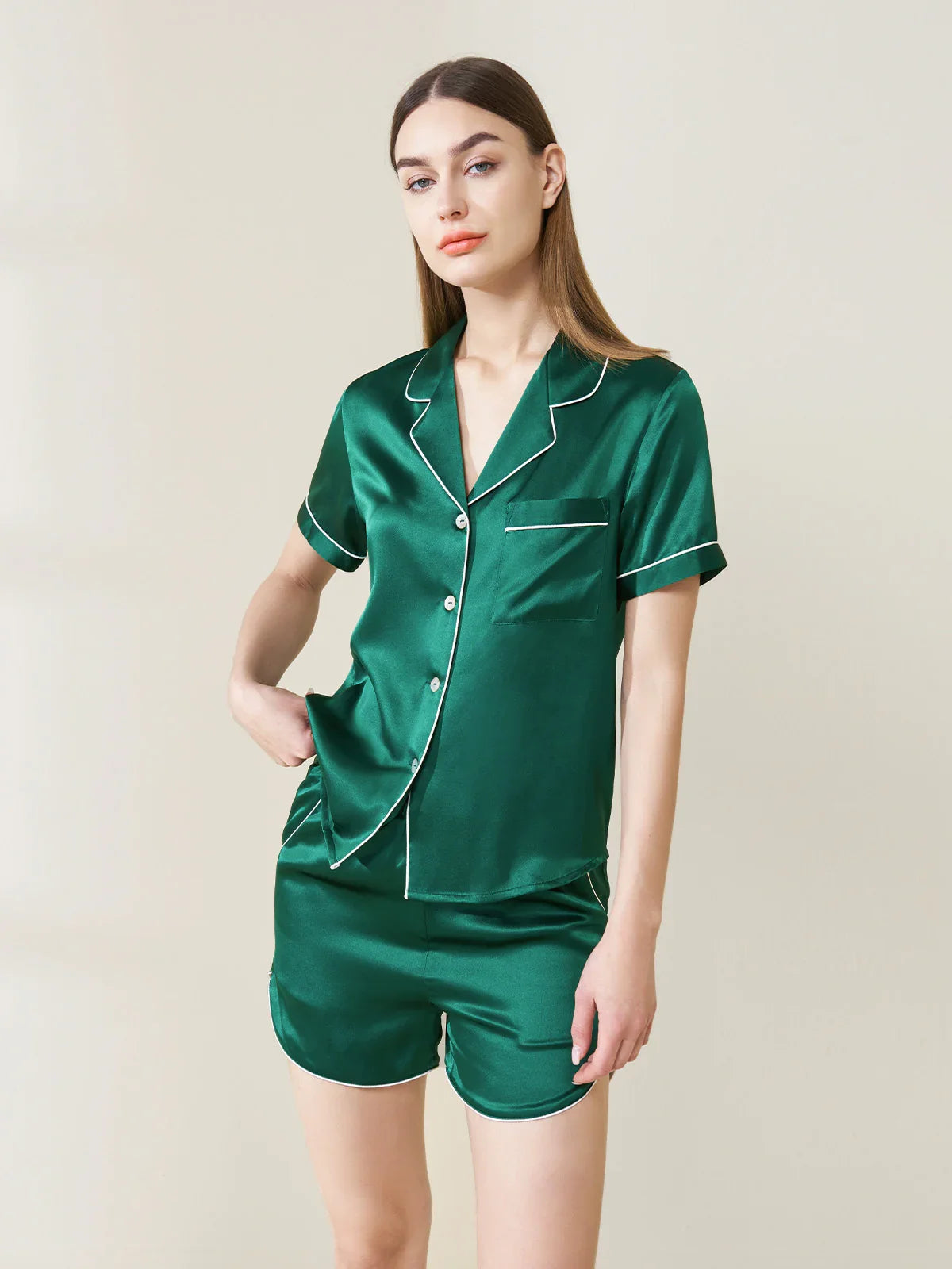 Pocket-style Short-sleeved Shorts Silk Suit - JANCESILK