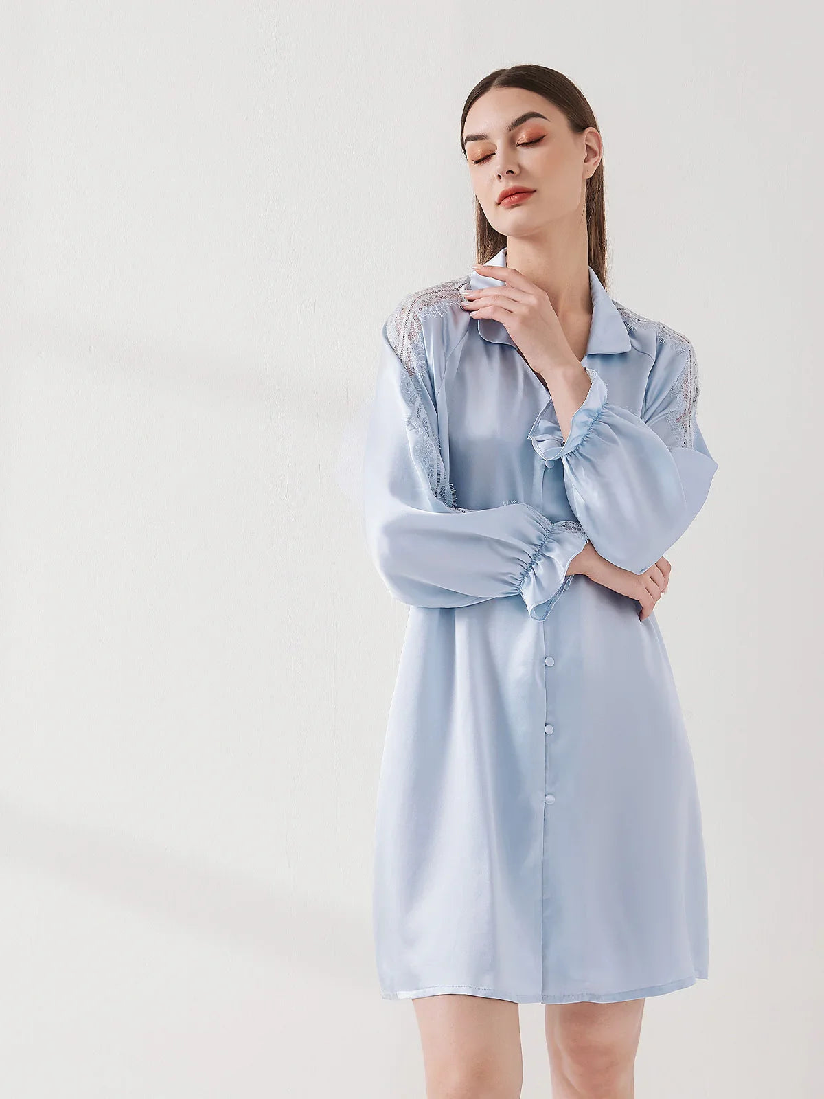 Lace Panel Raglan Sleeve Nightdress - JANCESILK