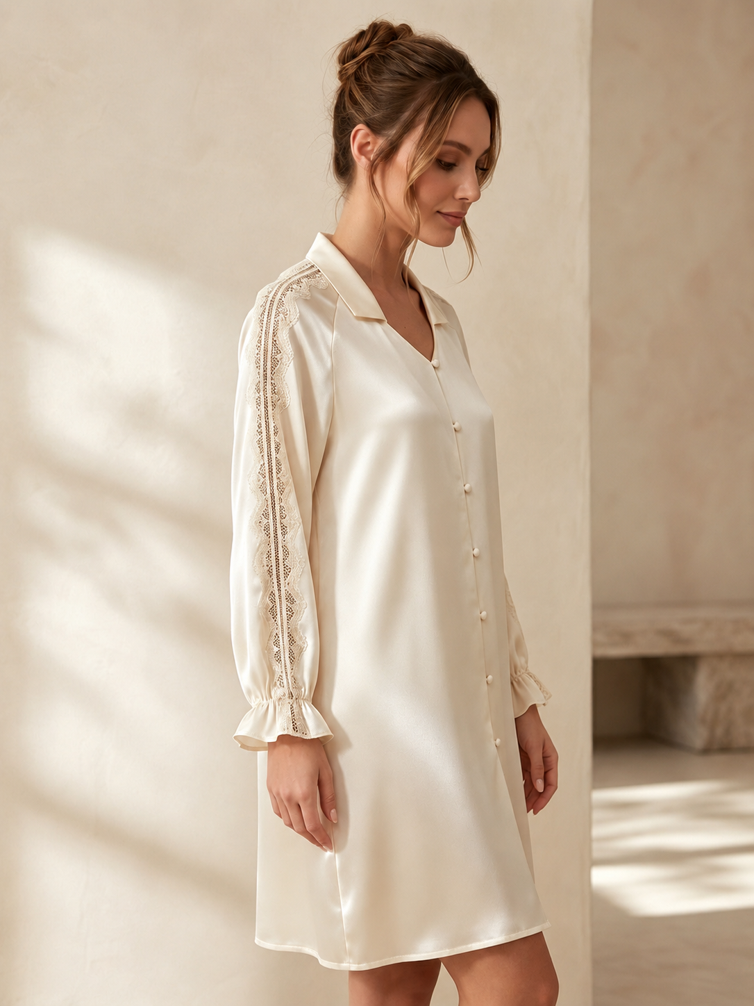 Lace Panel Raglan Sleeve Nightdress #color_Light Lemon Yellow