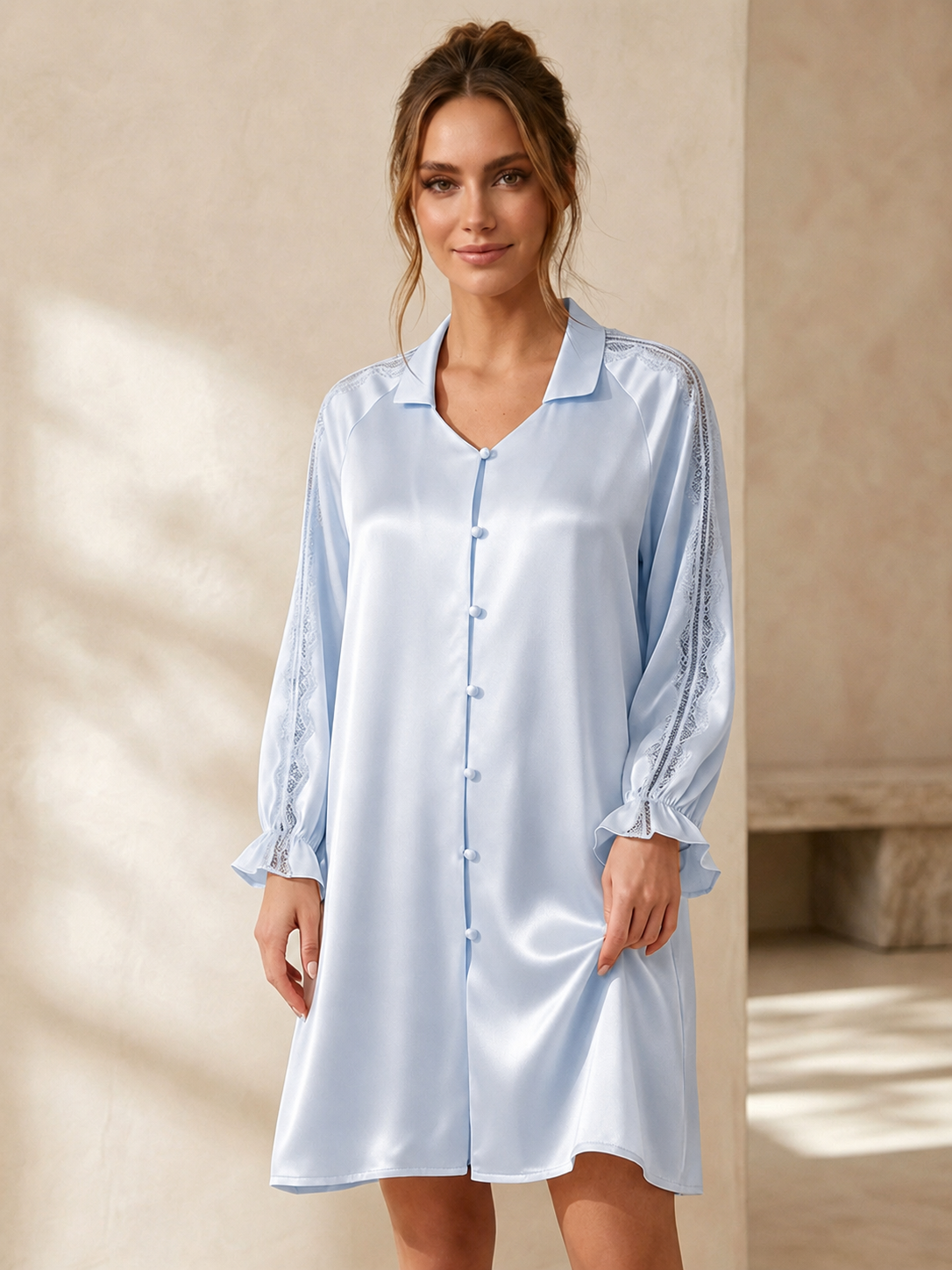 Lace Panel Raglan Sleeve Nightdress #color_Baby Blue