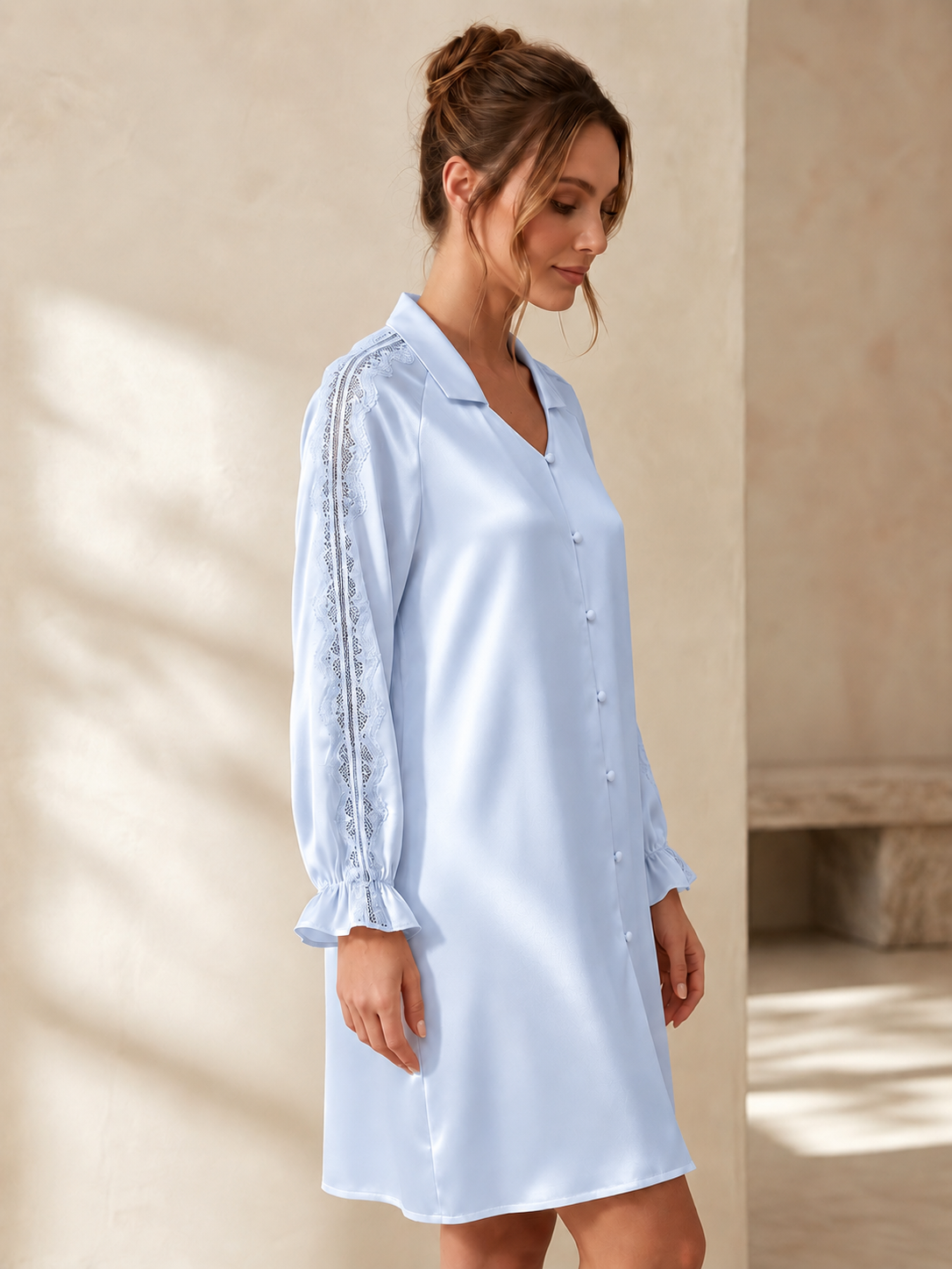Lace Panel Raglan Sleeve Nightdress #color_Baby Blue