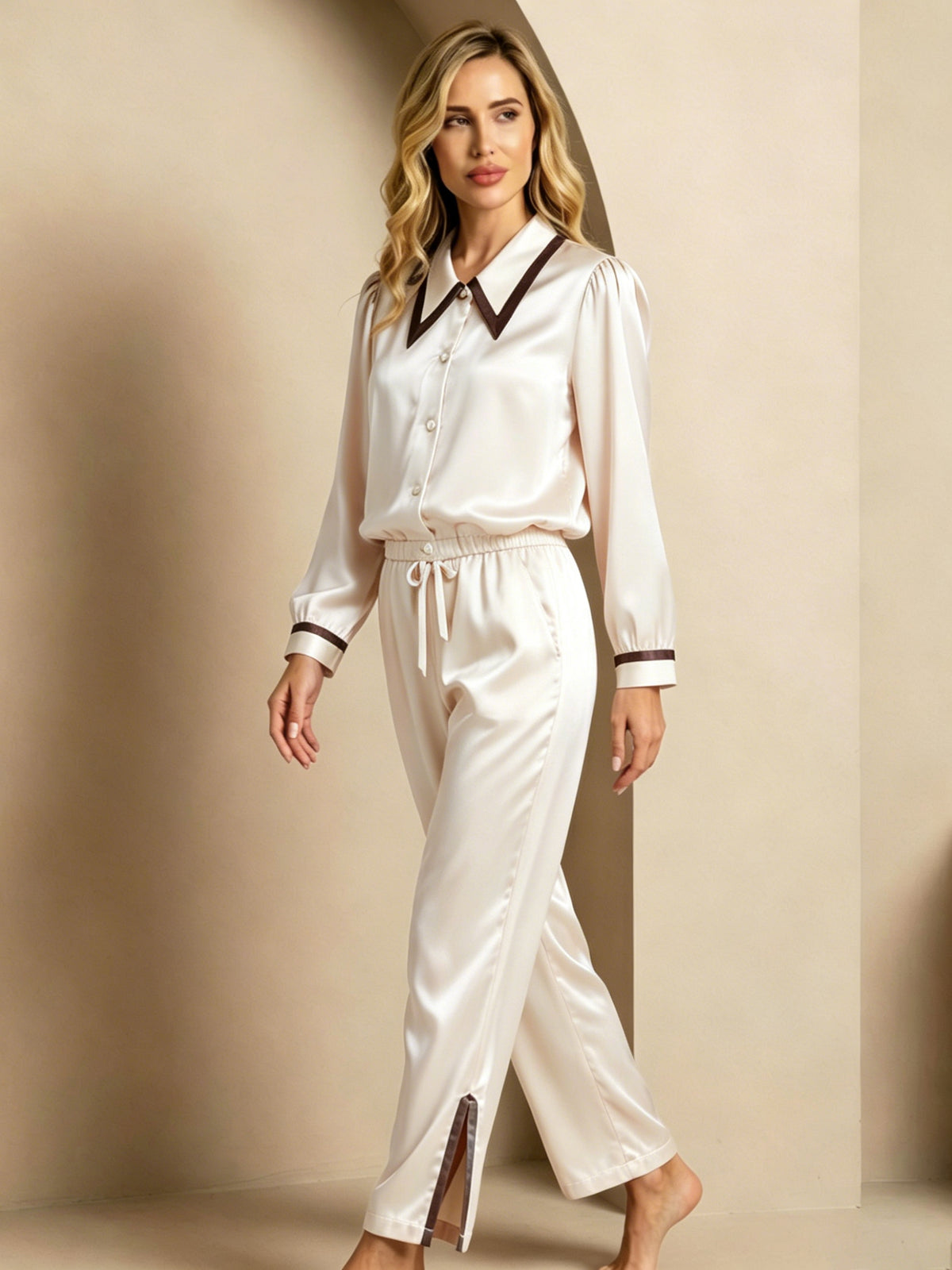 Peak Collar Long Sleeve Trousers Suit#color_Soft Yellow