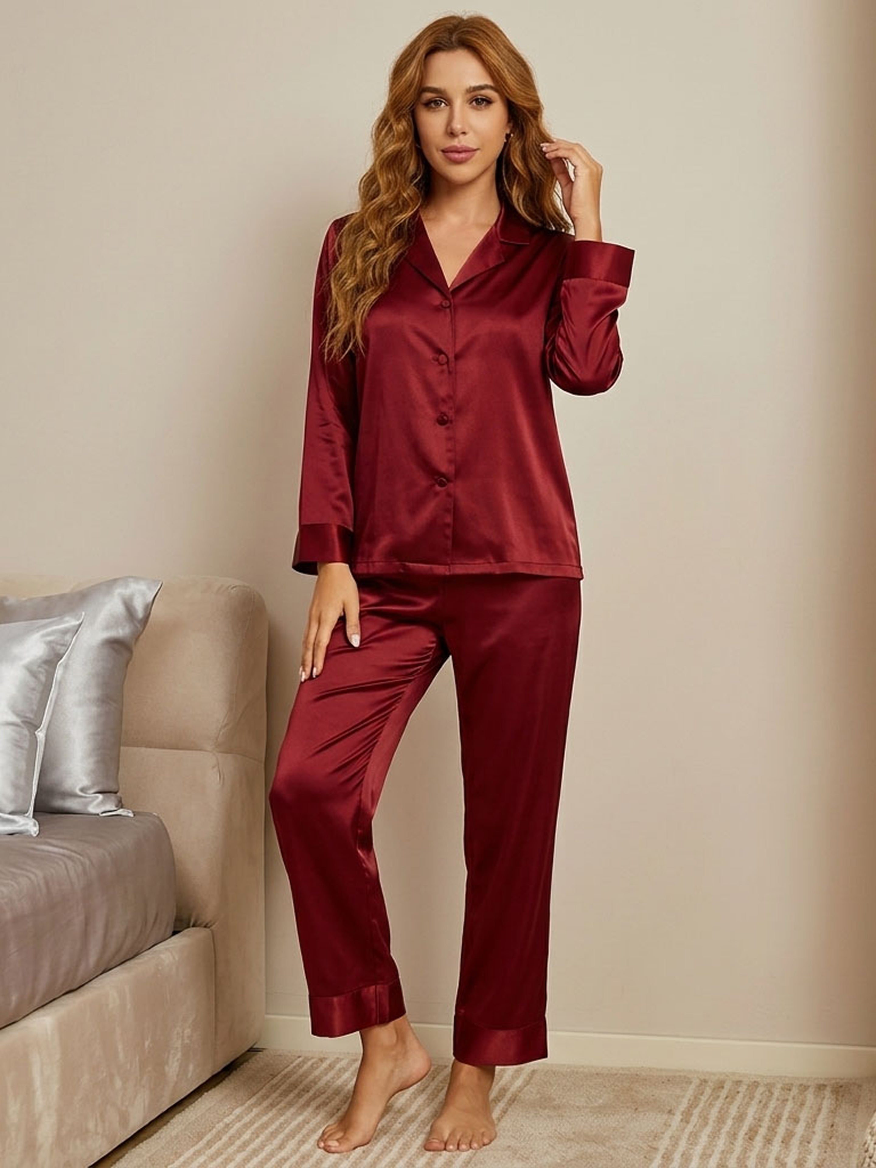 Luxe Mulberry Silk Classic Lounge Set#color_Burgundy
