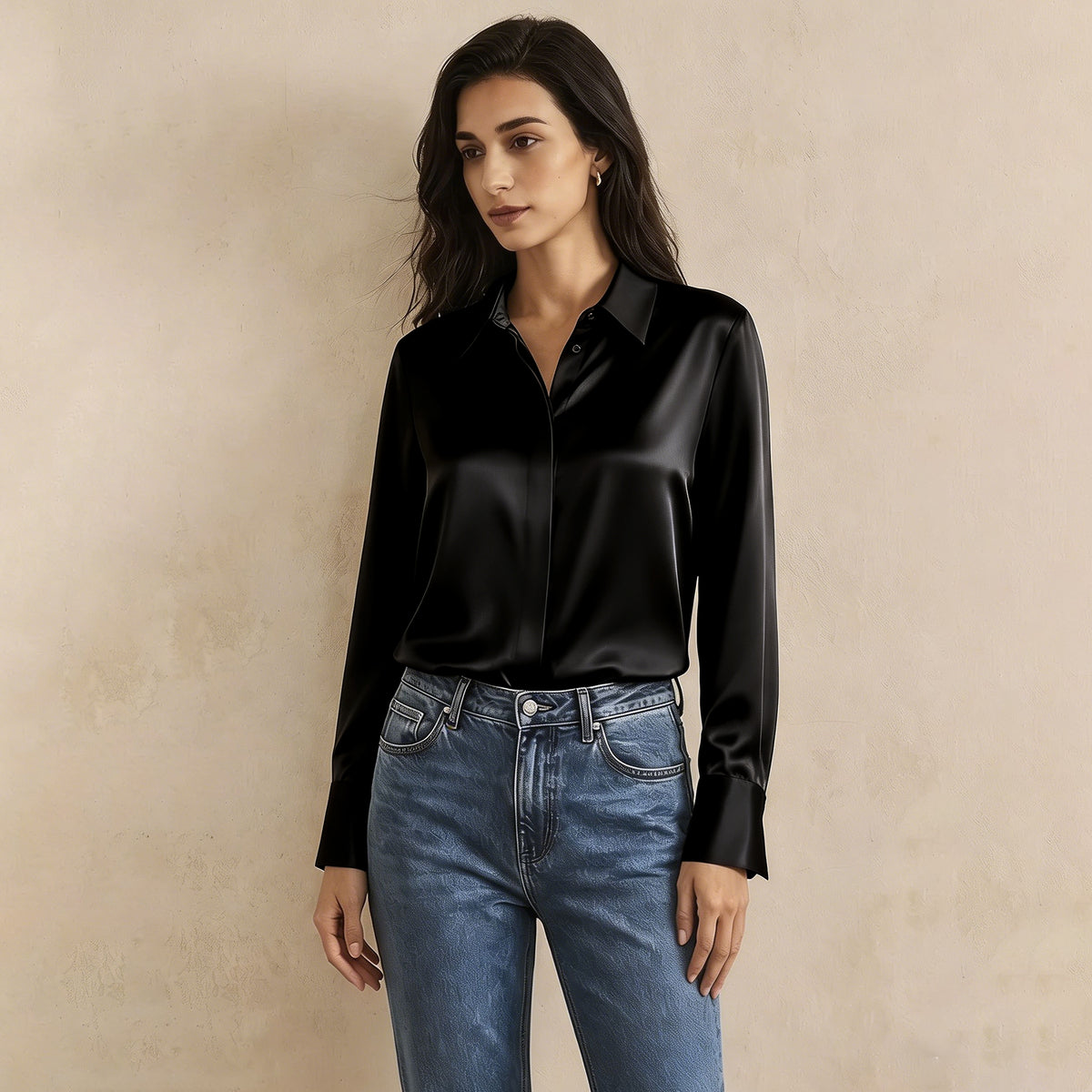 Versatile Elegance Stretch Silk Blouse#color Black