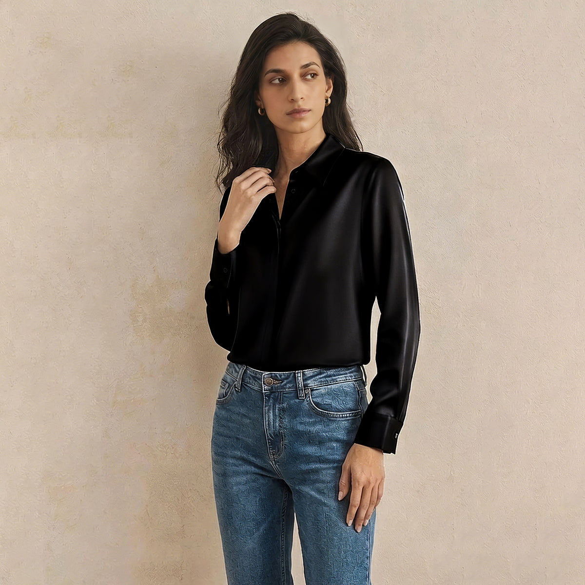 Versatile Elegance Stretch Silk Blouse#color Black