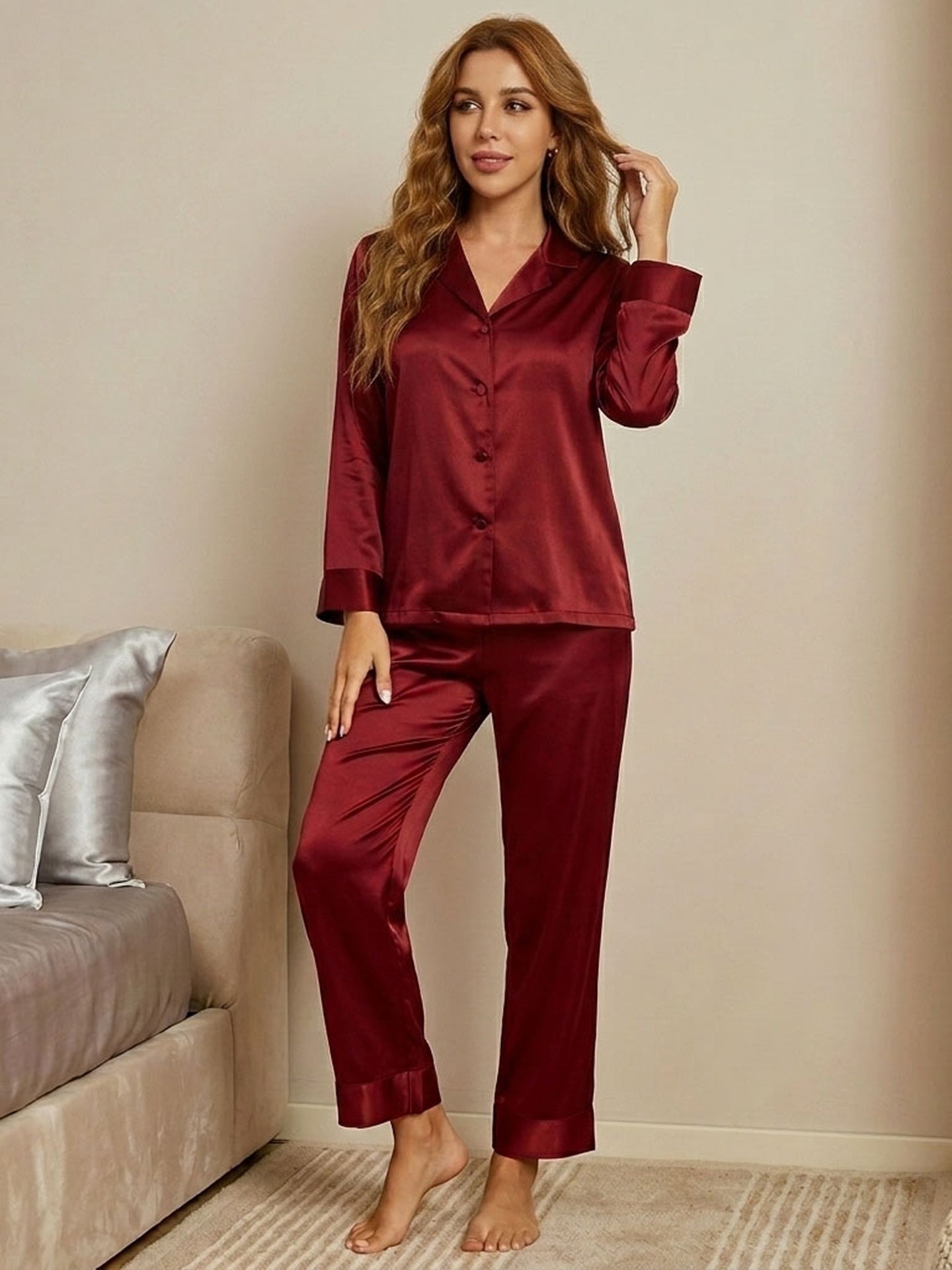 Luxe Mulberry Silk Classic Lounge Set#color_Burgundy