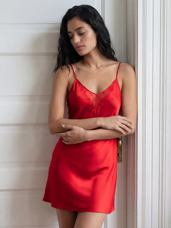 V-neck Lace Panelled Suspender Skirt #color_Red