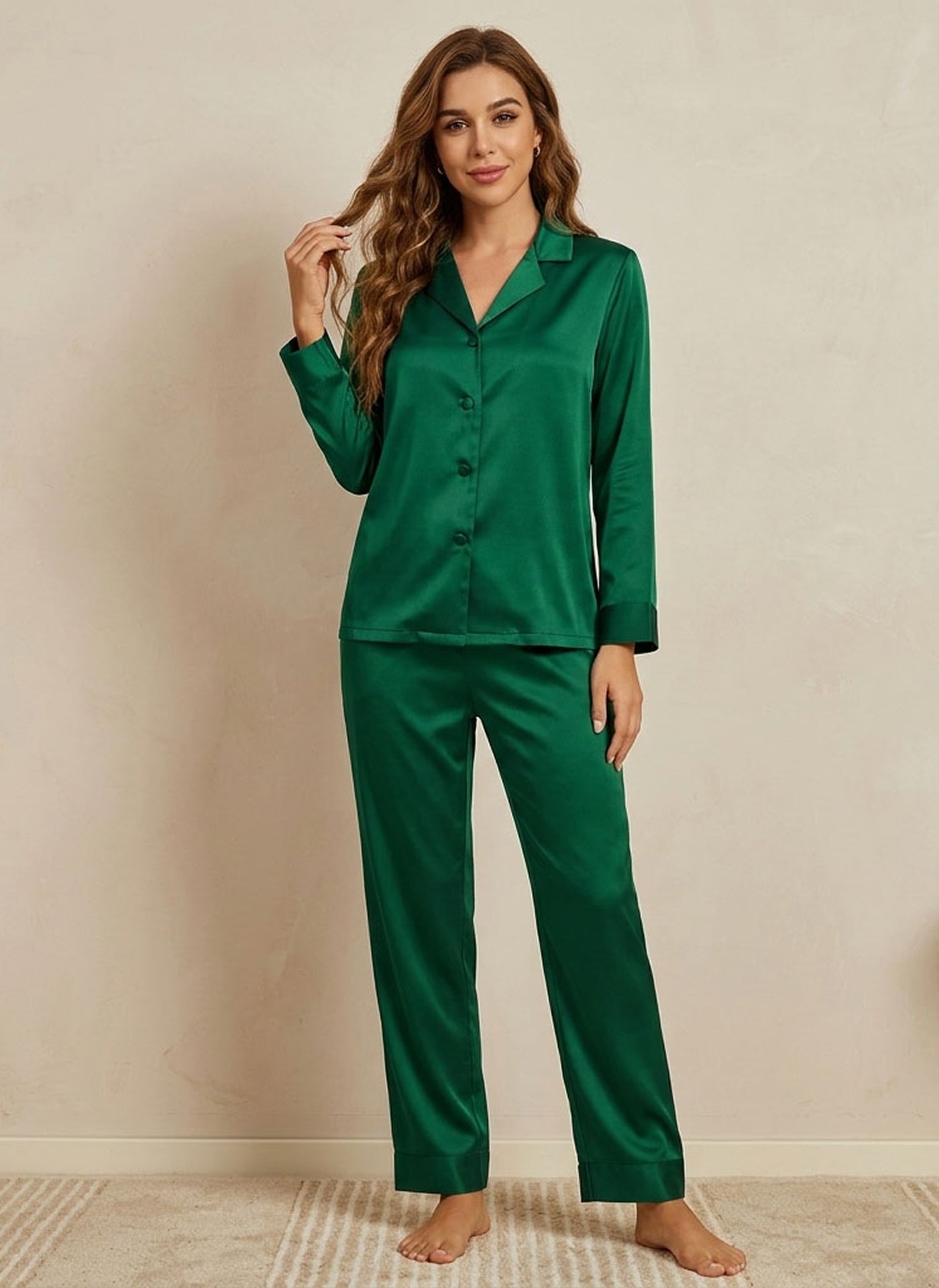 Luxe Mulberry Silk Classic Lounge Set#color_Dark Green