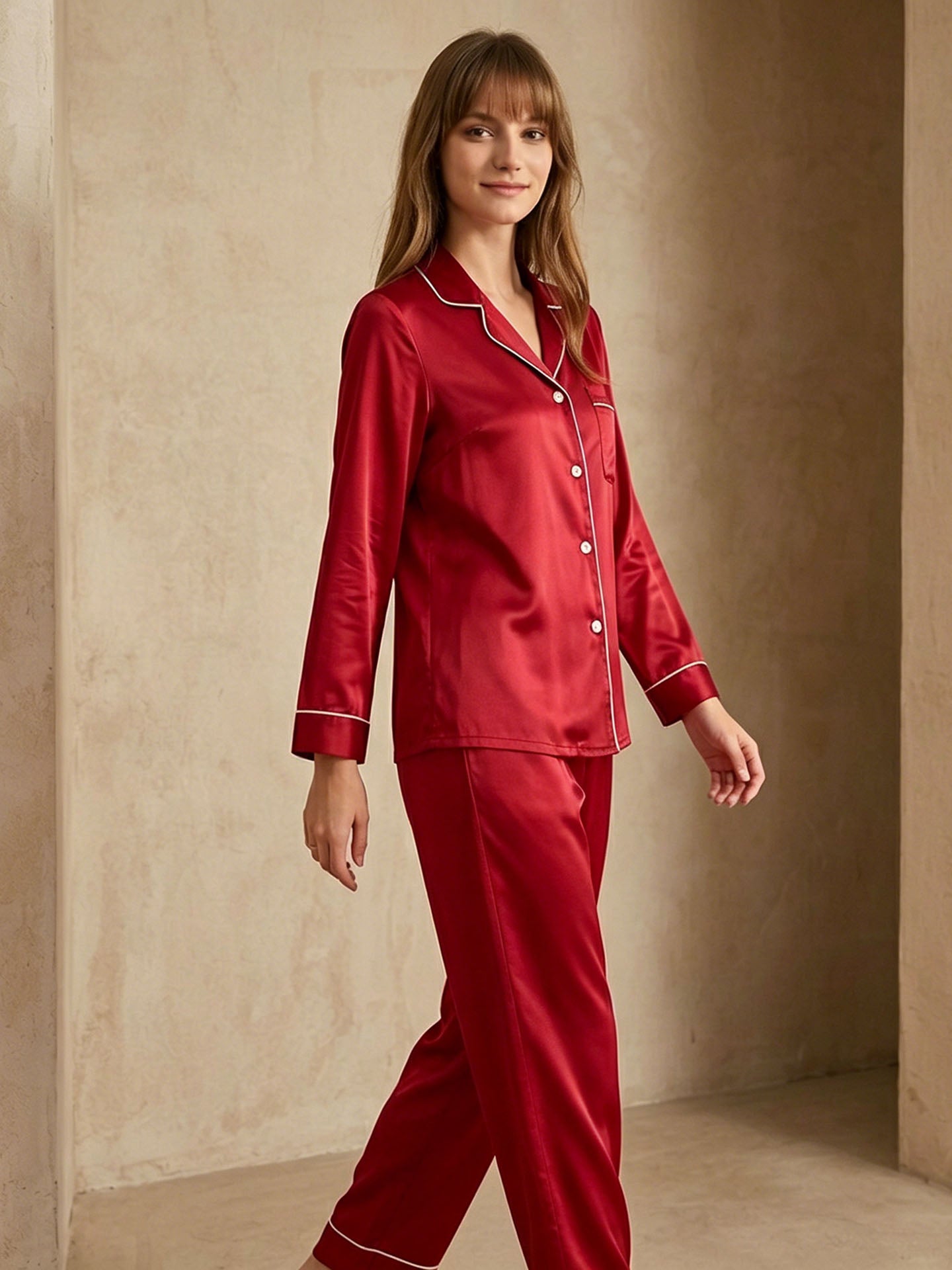 19 Momme Classic Silk Long Sleeve Long Pants Pajama Set#color_Red
