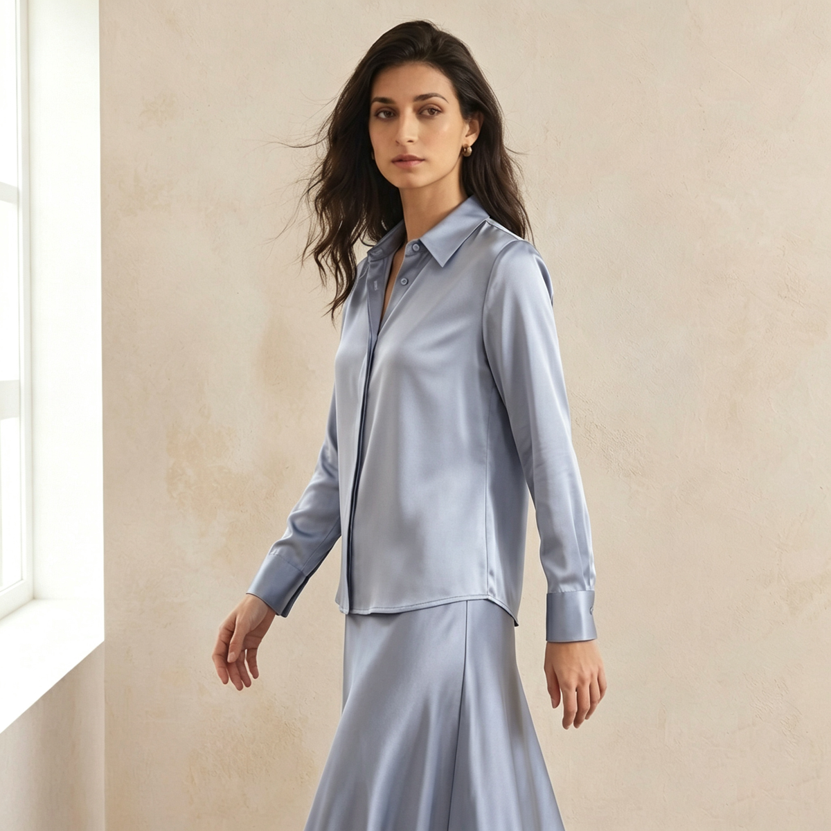 Versatile Elegance Stretch Silk Blouse#color Blue Grey