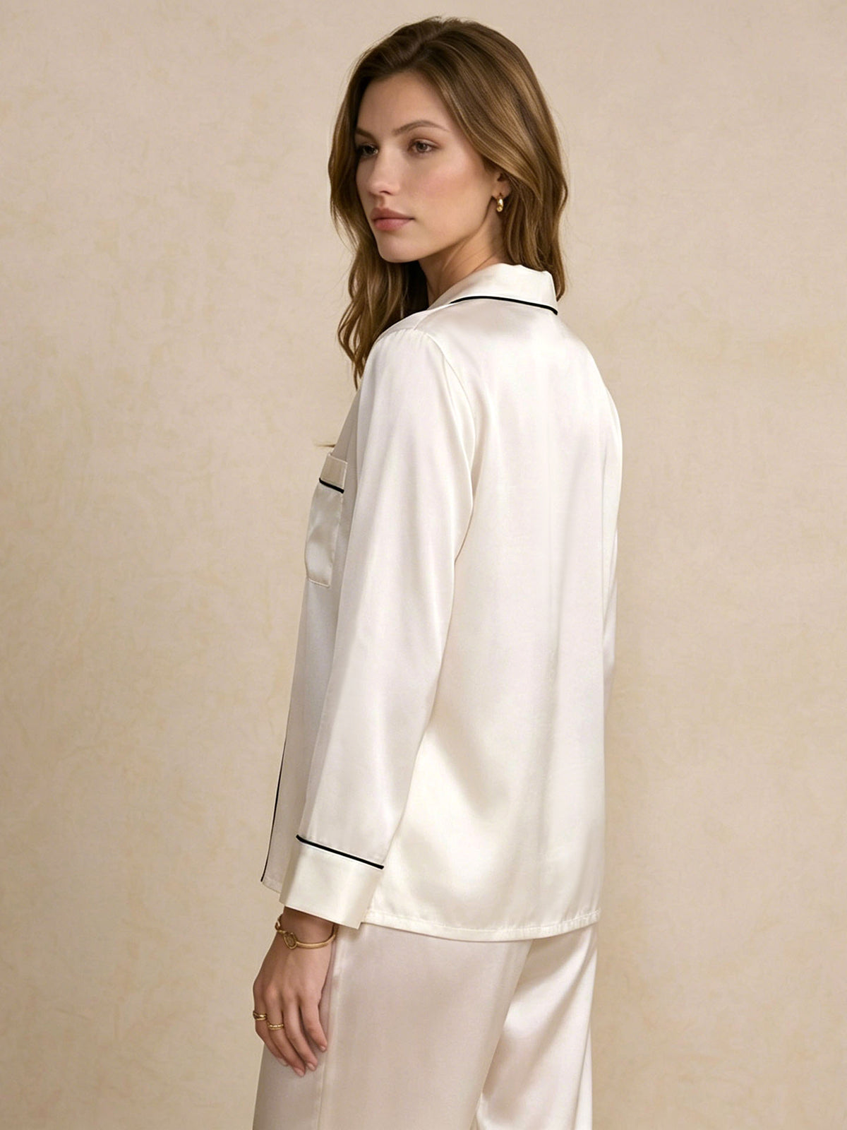Classic Silk Long Sleeve Long Pants Pajama Set#color_White