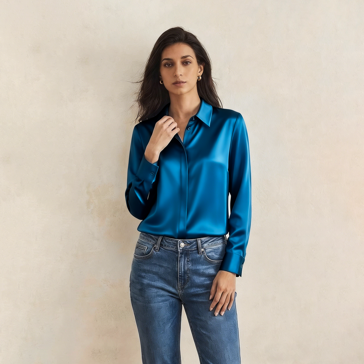 Versatile Elegance Stretch Silk Blouse#color Peacock Blue