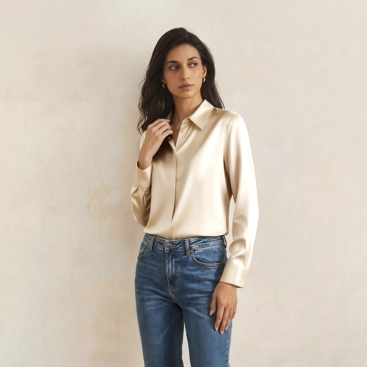 Versatile Elegance Stretch Silk Blouse#color Champagne