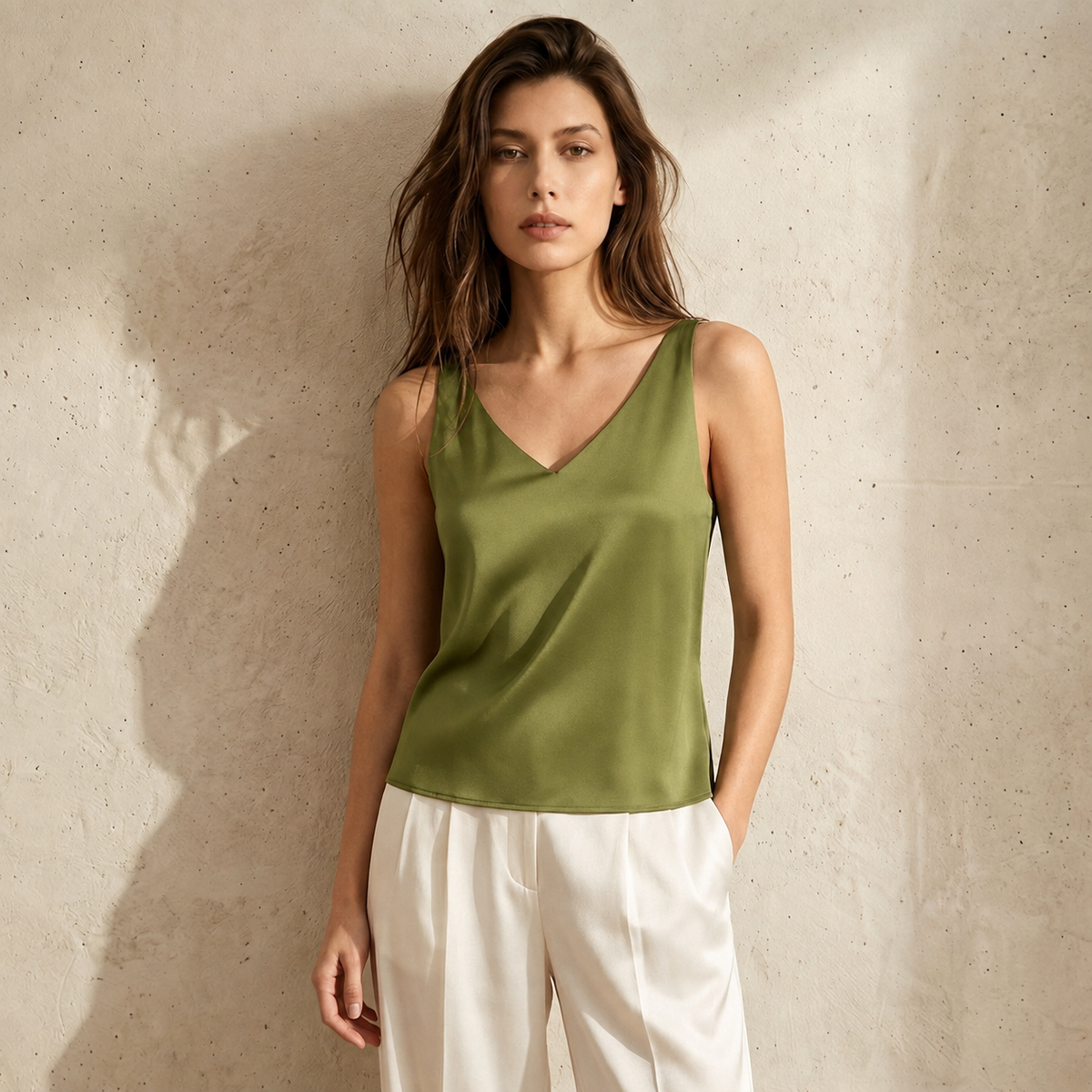 Silk Crepe De Chine Casual Camisole Top#color_Brown green