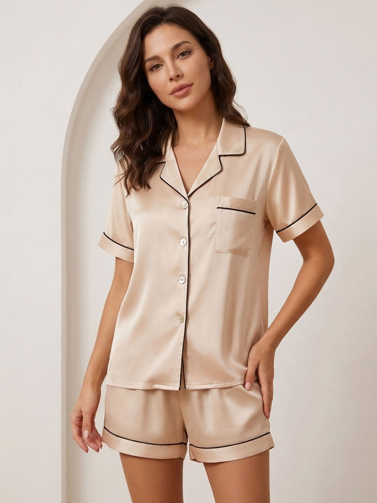 Classic Silk Short Sleeved Shorts Set #color_Blush Beige