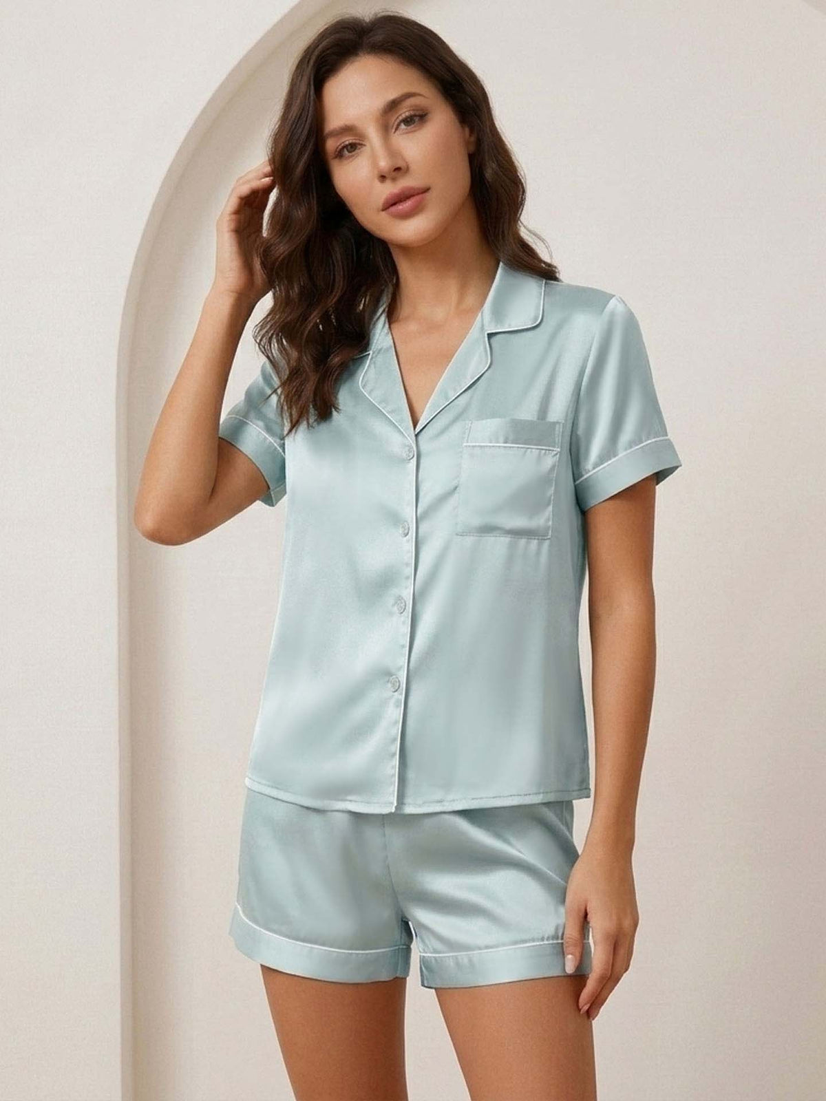 Classic Silk Short Sleeved Shorts Set #color_Mint Green