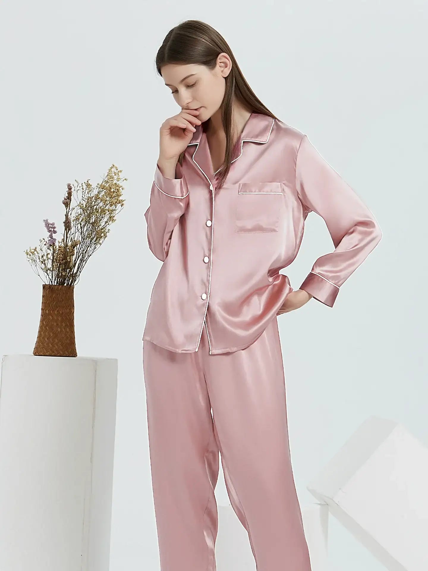 30 Momme Classic Silk Long Sleeve Long Pants Pajama Set#color_Blush Pink