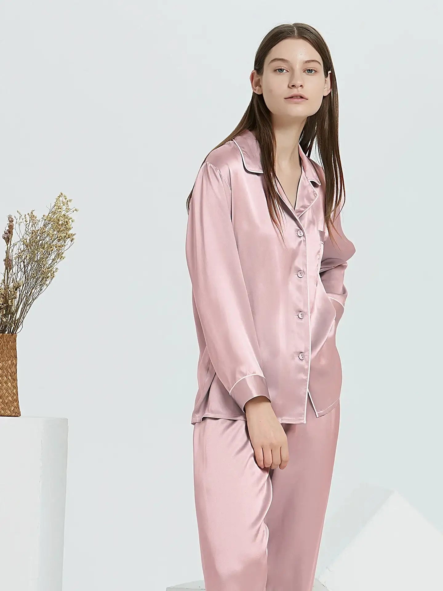 30 Momme Classic Silk Long Sleeve Long Pants Pajama Set#color_Blush Pink
