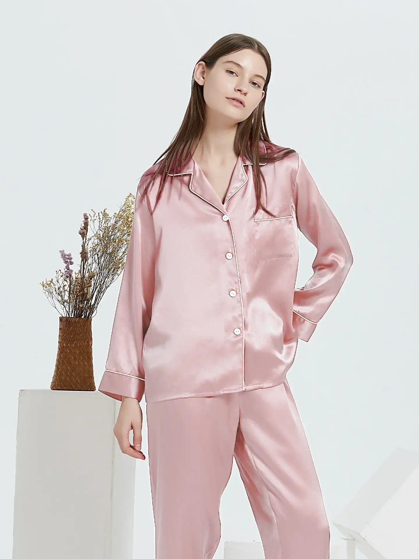30 Momme Classic Silk Long Sleeve Long Pants Pajama Set#color_Blush Pink