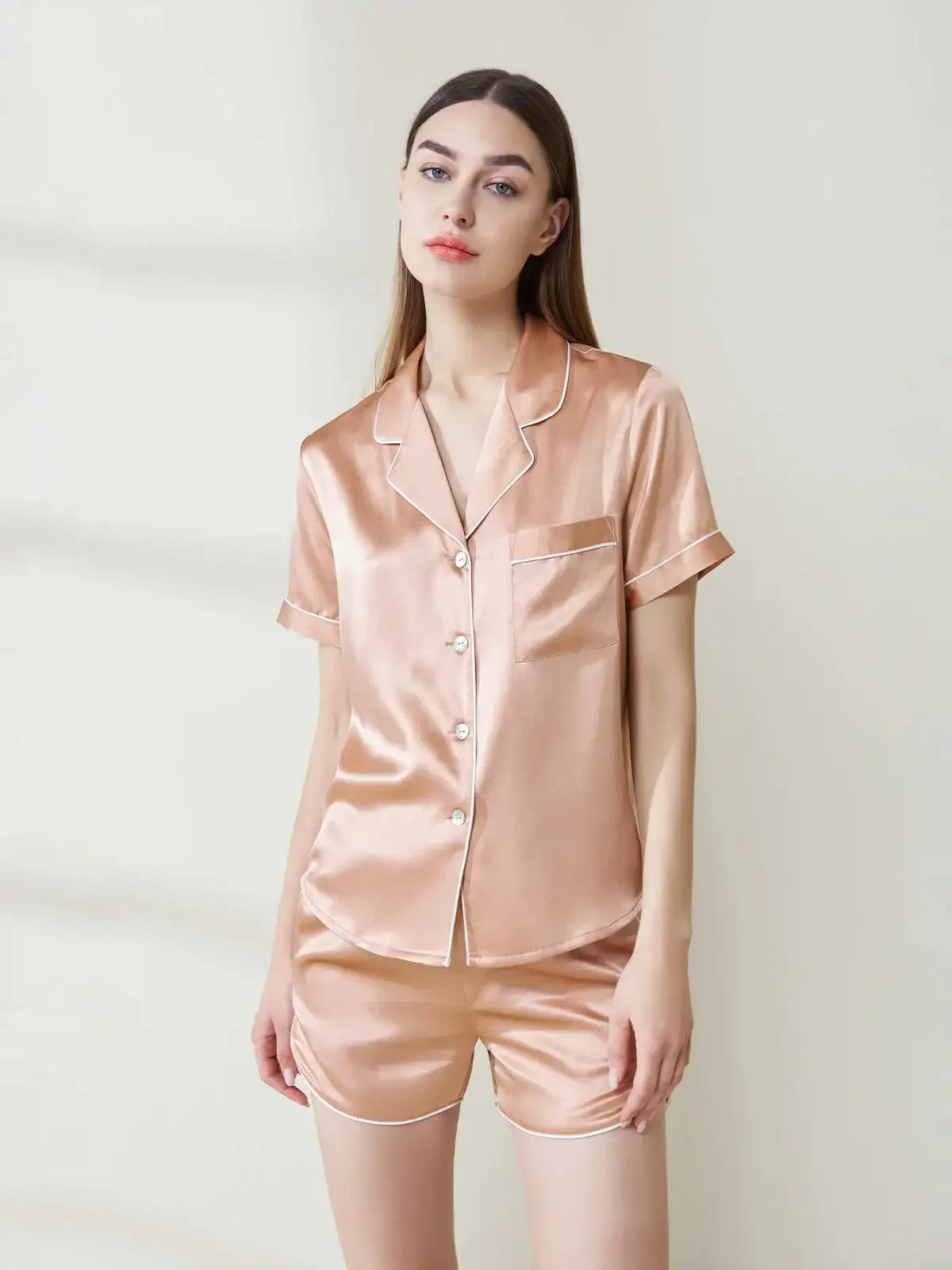 Pocket-style Short-sleeved Shorts Silk Suit - JANCESILK