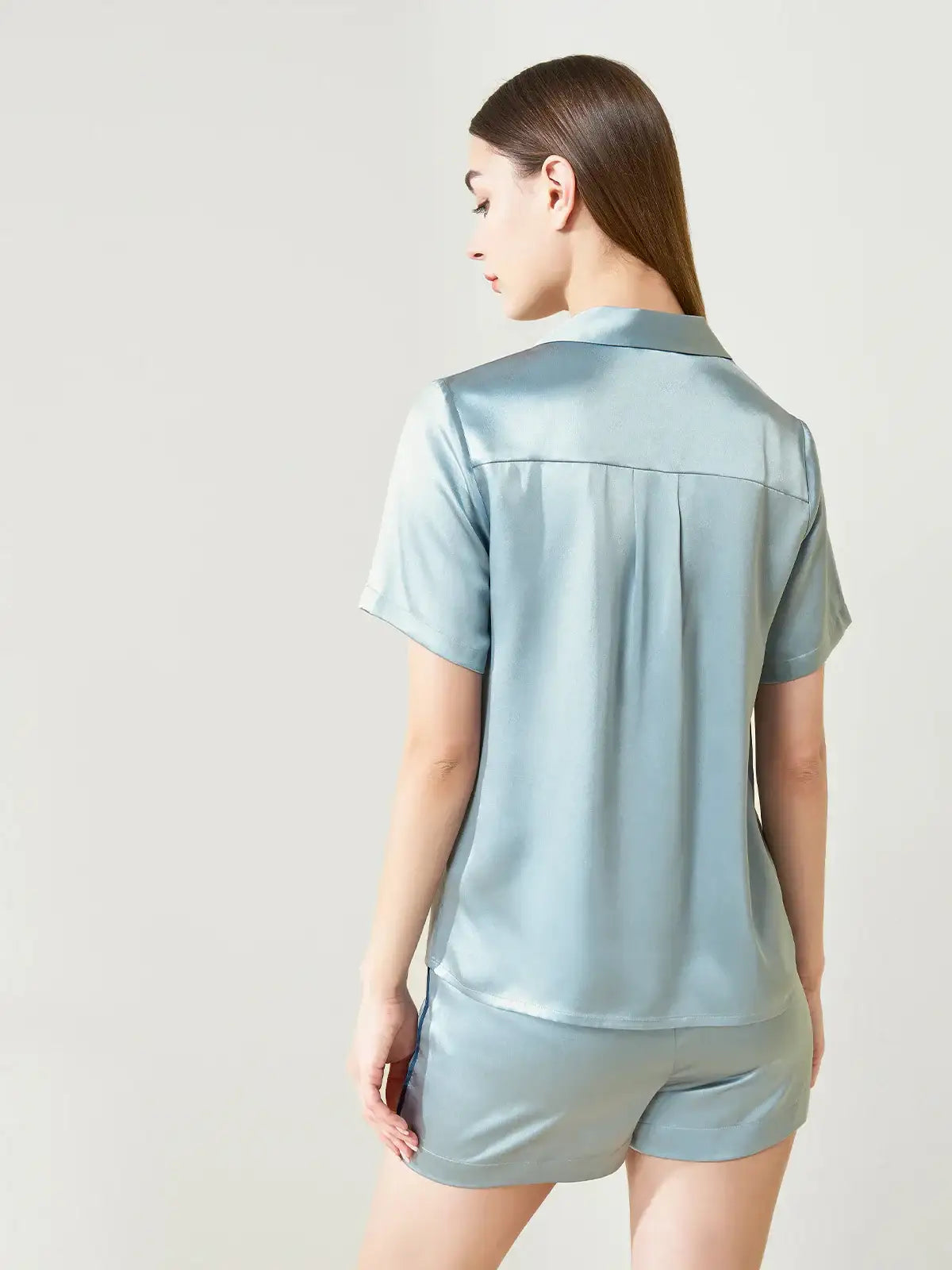 Casual Short-sleeved Shorts Silk Suit#color_Dusty Blue