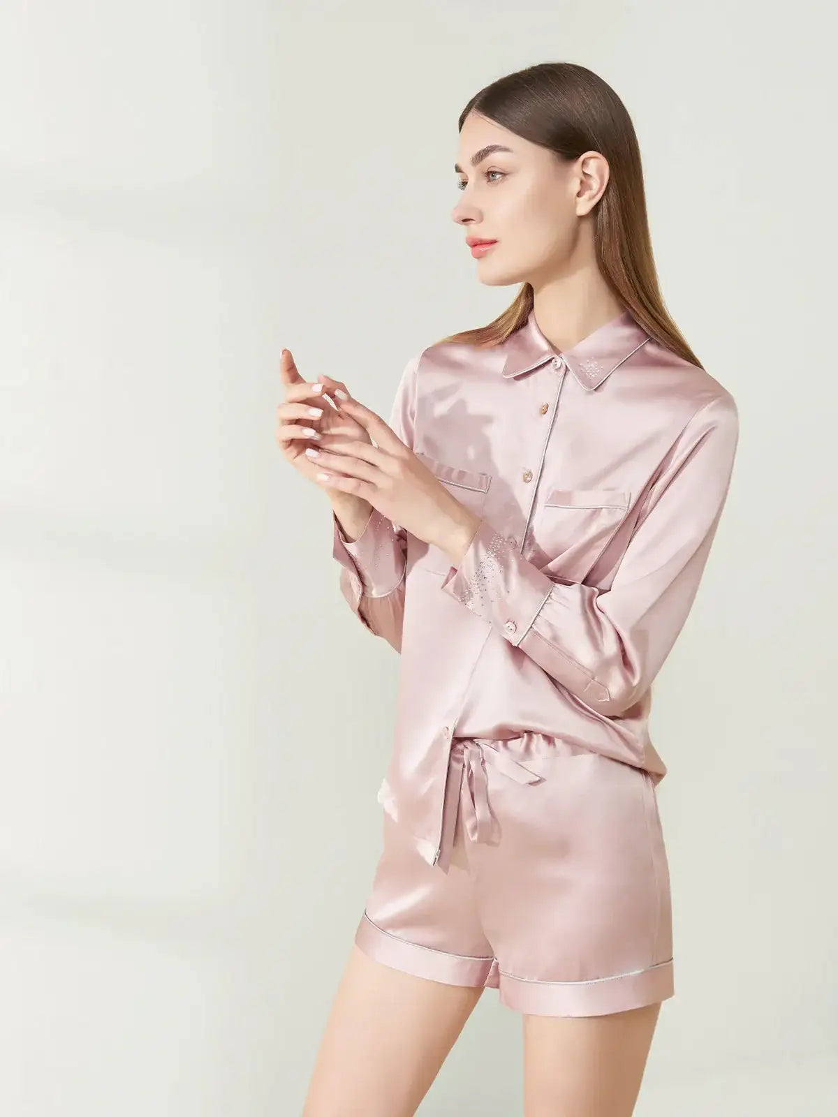 Rhinestone Long Sleeve Shorts Pajama Set - JANCESILK