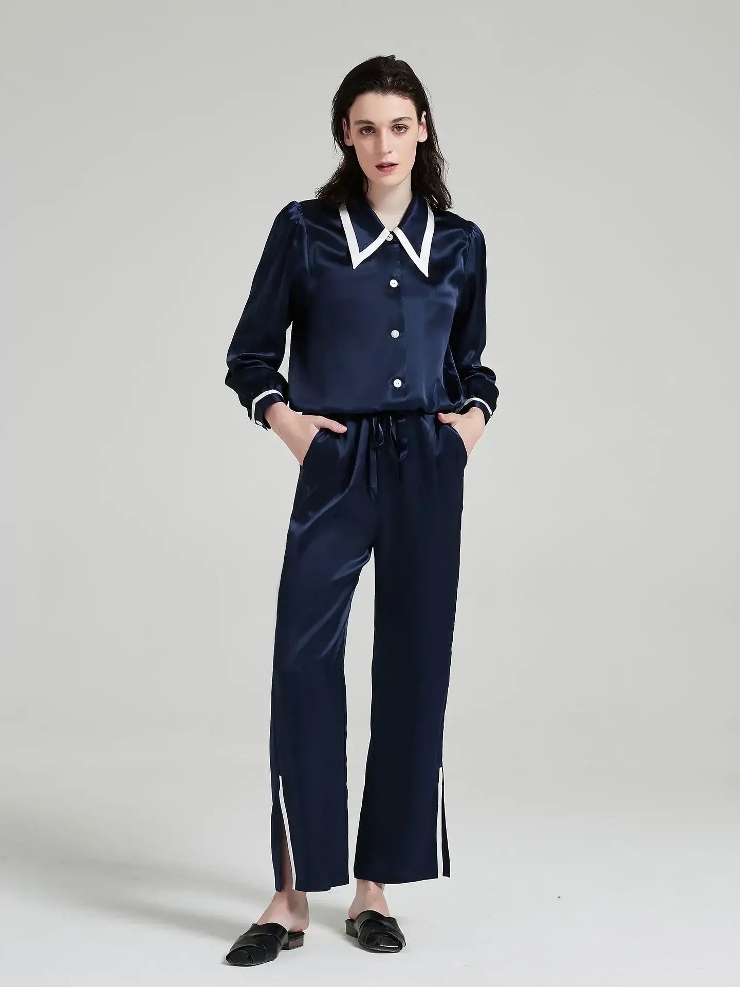 Peak Collar Long Sleeve Trousers Suit - JANCESILK