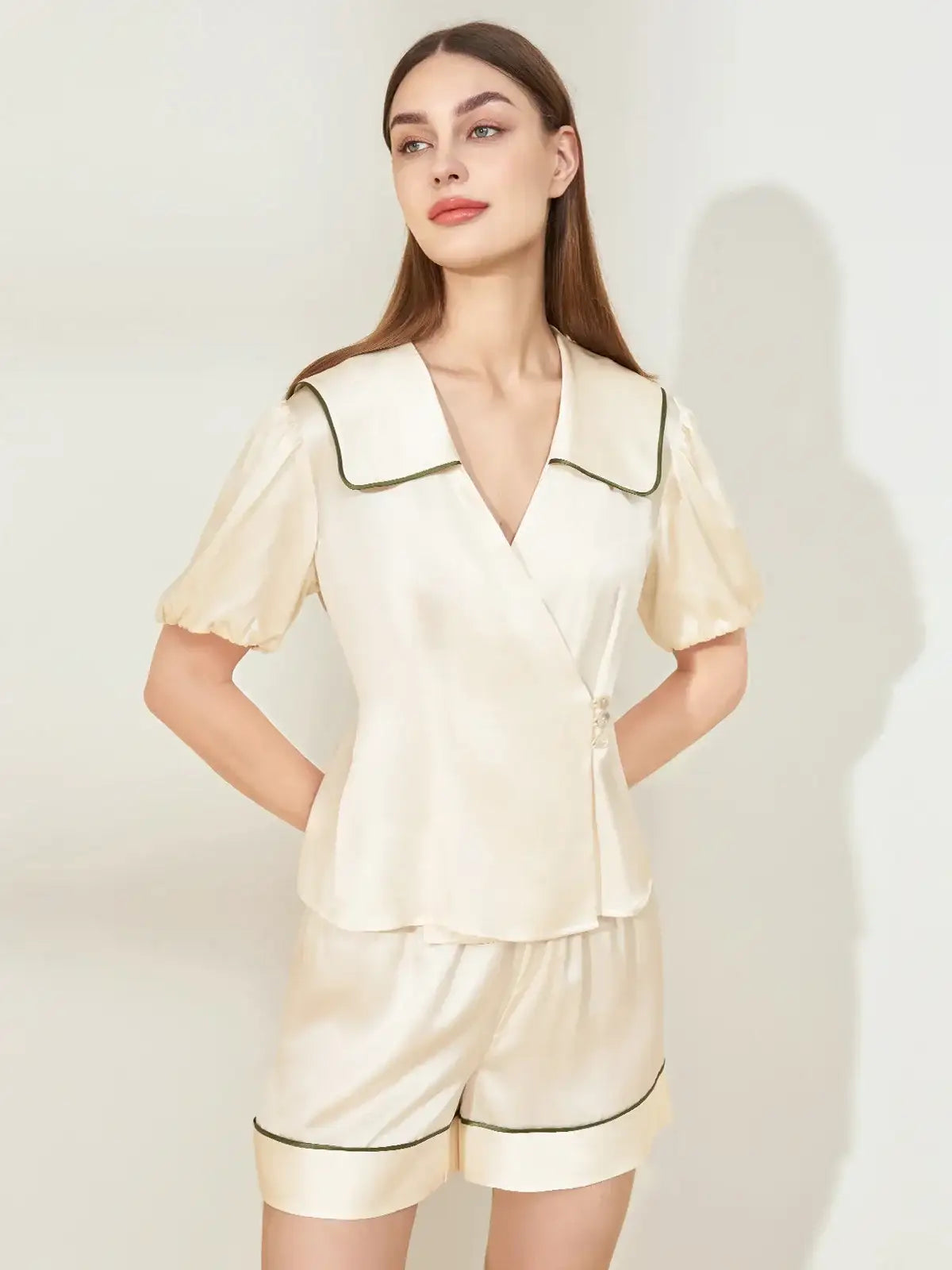 Navy Square Neck Short Sleeve Shorts Set - JANCESILK