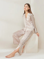 V-neck Colorblock Long-sleeved Trousers Suit - JANCESILK