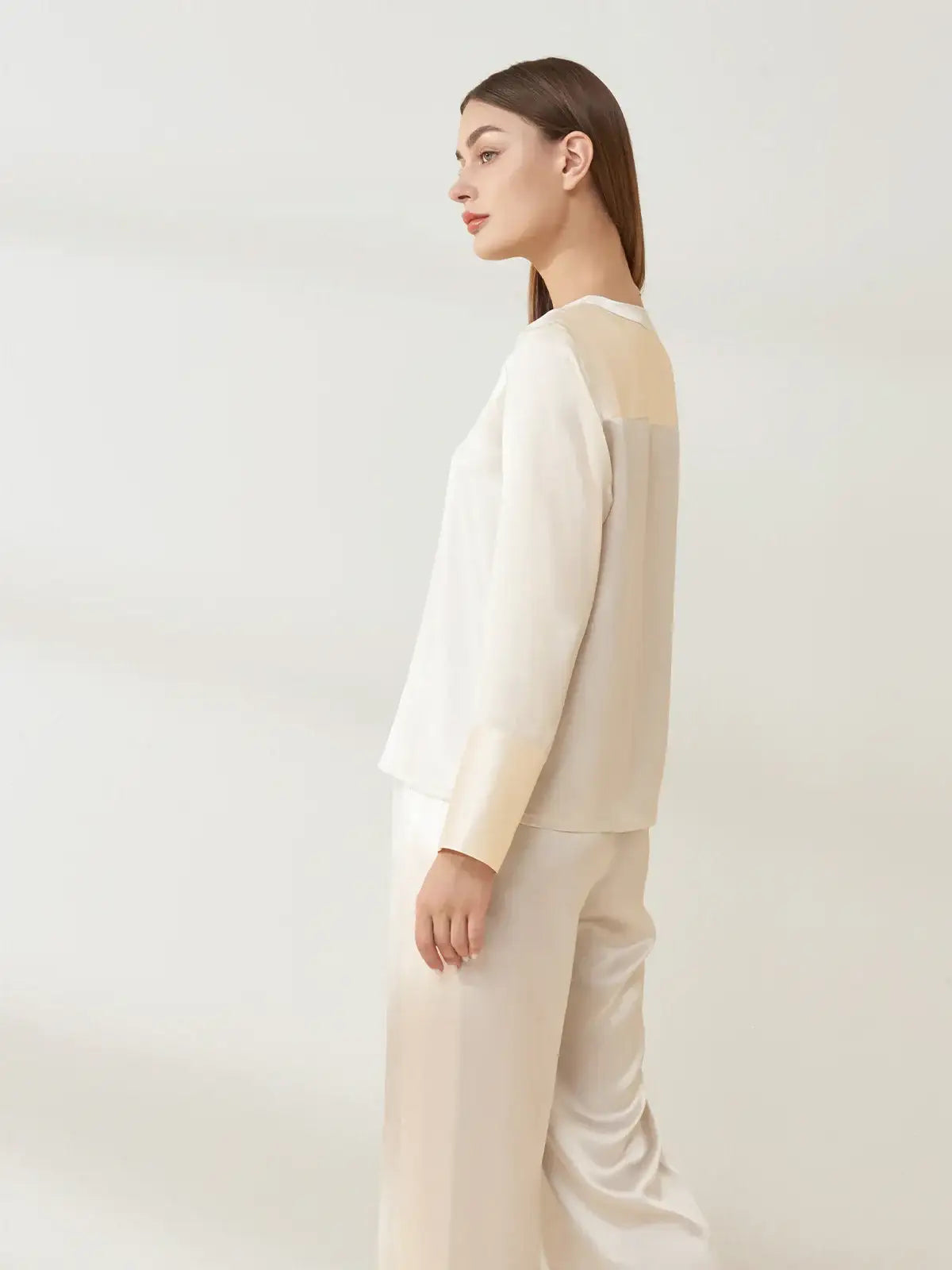 V-neck Colorblock Long-sleeved Trousers Suit - JANCESILK