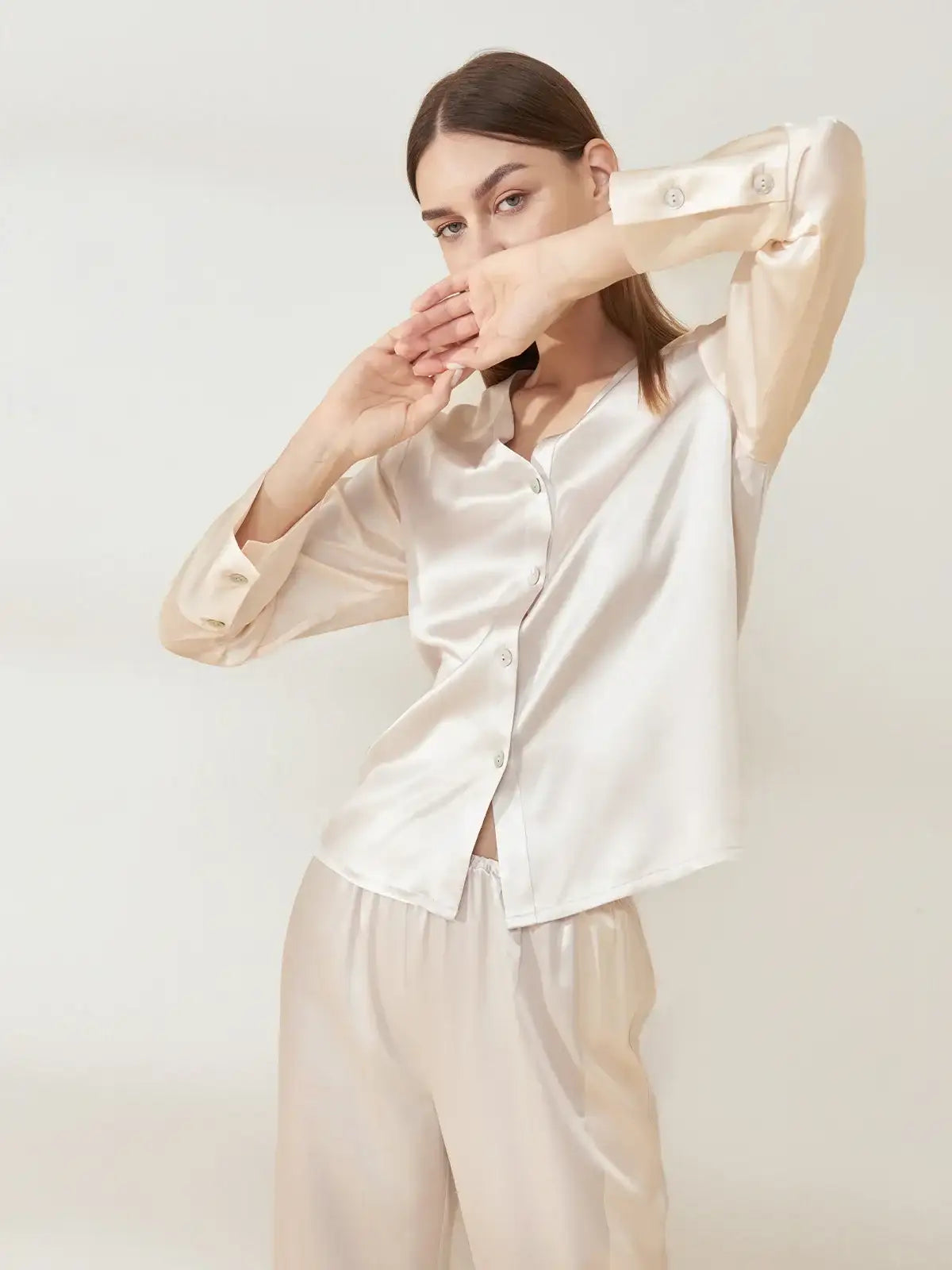 V-neck Colorblock Long-sleeved Trousers Suit - JANCESILK