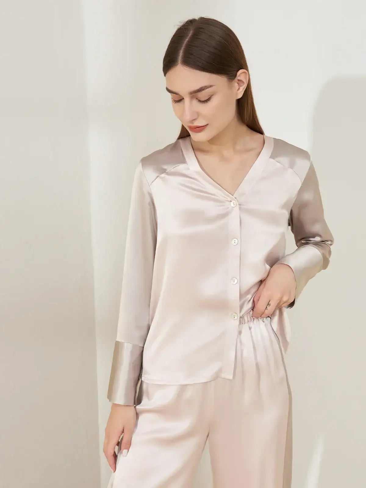 V-neck Colorblock Long-sleeved Trousers Suit - JANCESILK