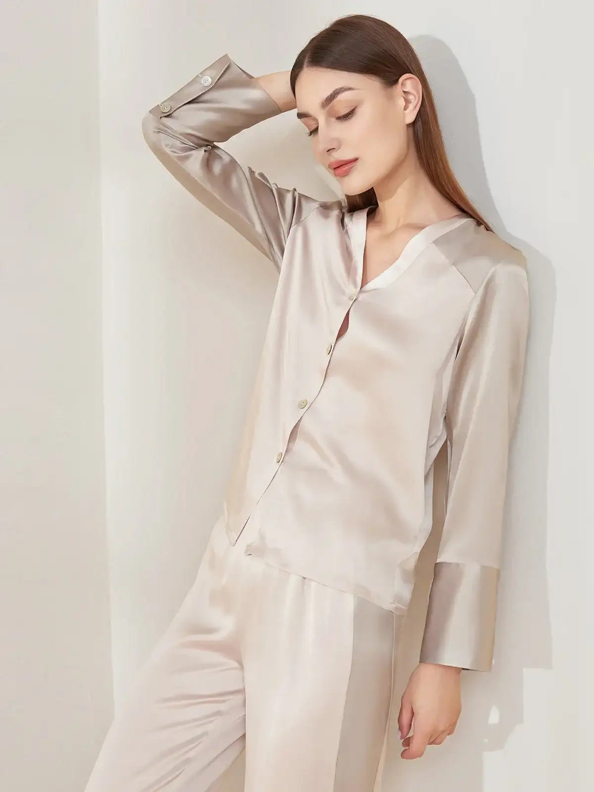 V-neck Colorblock Long-sleeved Trousers Suit - JANCESILK
