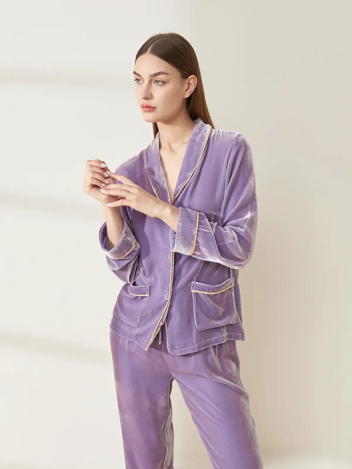 Velvet Shawl Collar Long Sleeve Trousers Suit - JANCESILK
