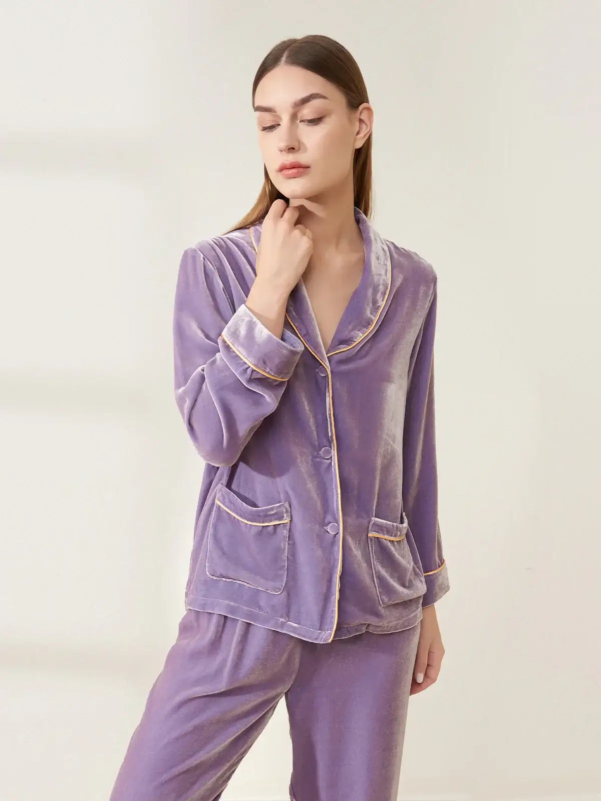 Velvet Shawl Collar Long Sleeve Trousers Suit - JANCESILK