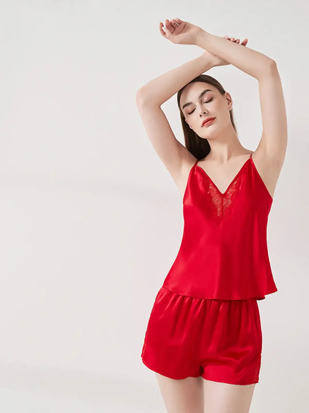 V-neck Lace Suspender Shorts Set - JANCESILK
