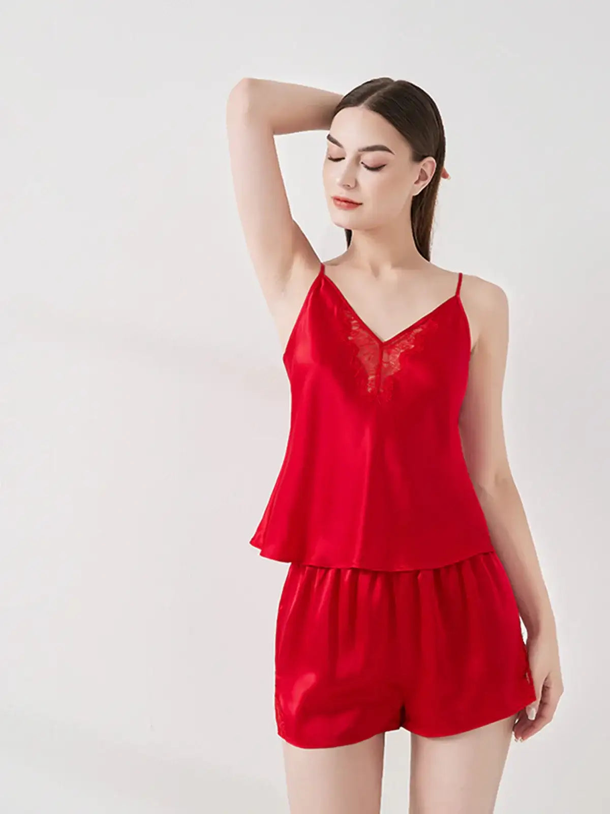 V-neck Lace Suspender Shorts Set - JANCESILK