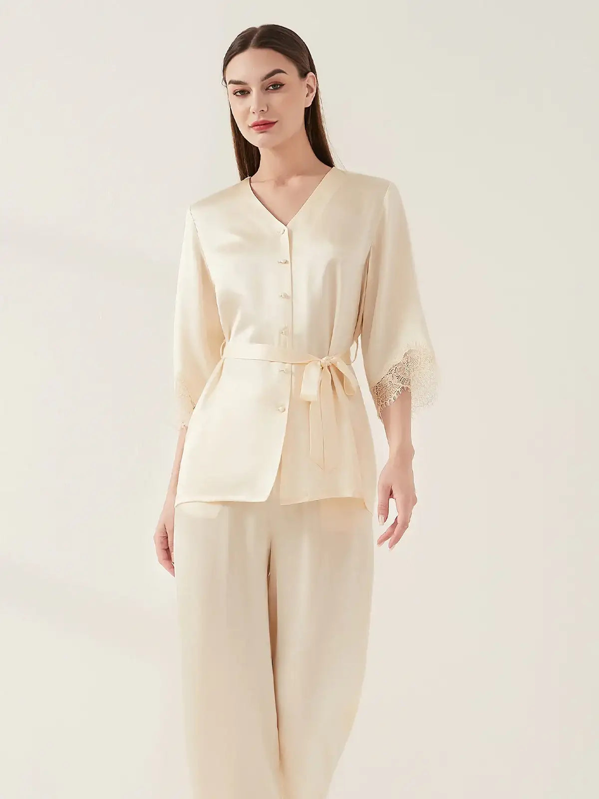 Silk lace pajama set #color_Light Lemon Yellow