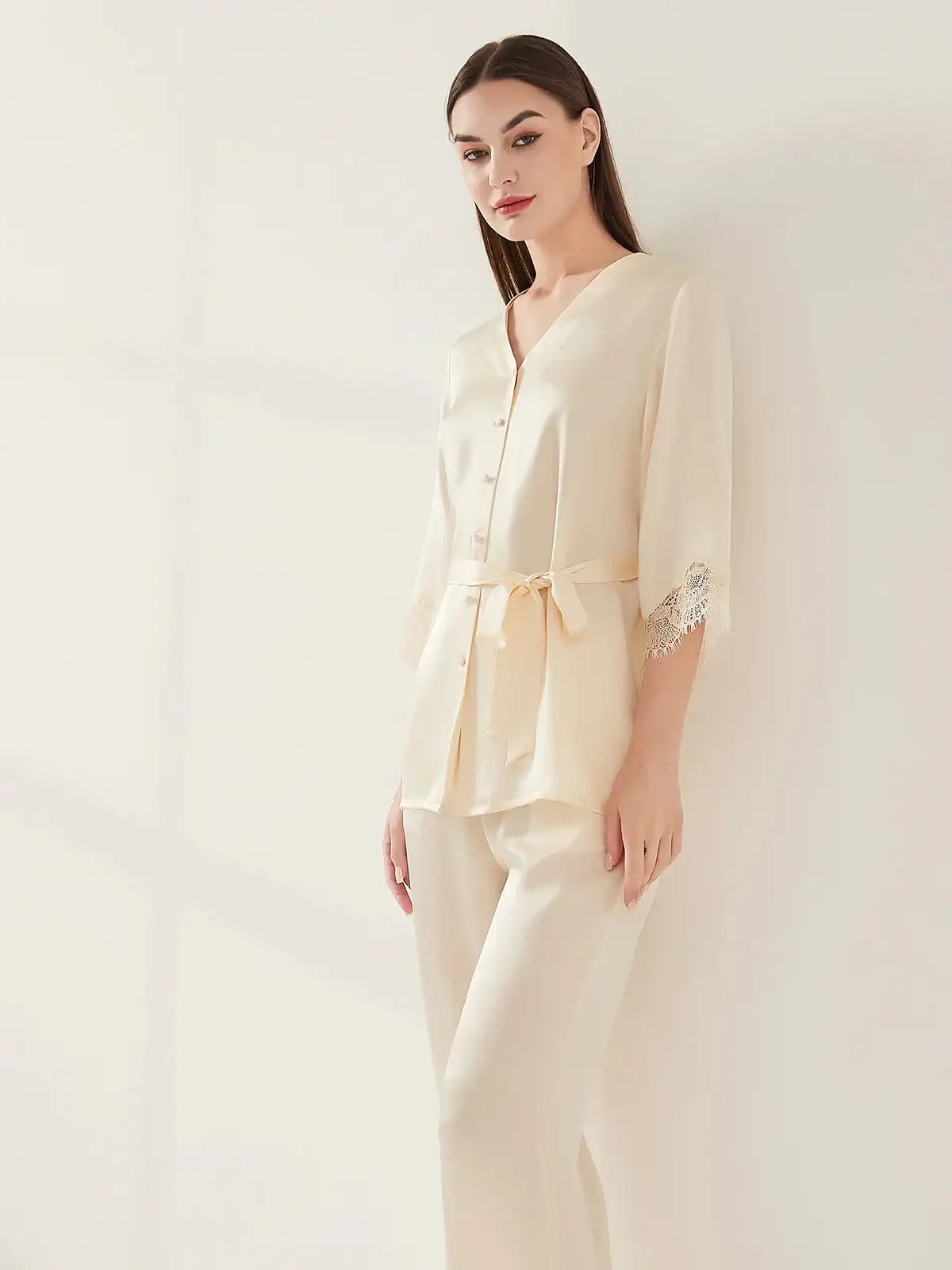 Silk lace pajama set #color_Light Lemon Yellow
