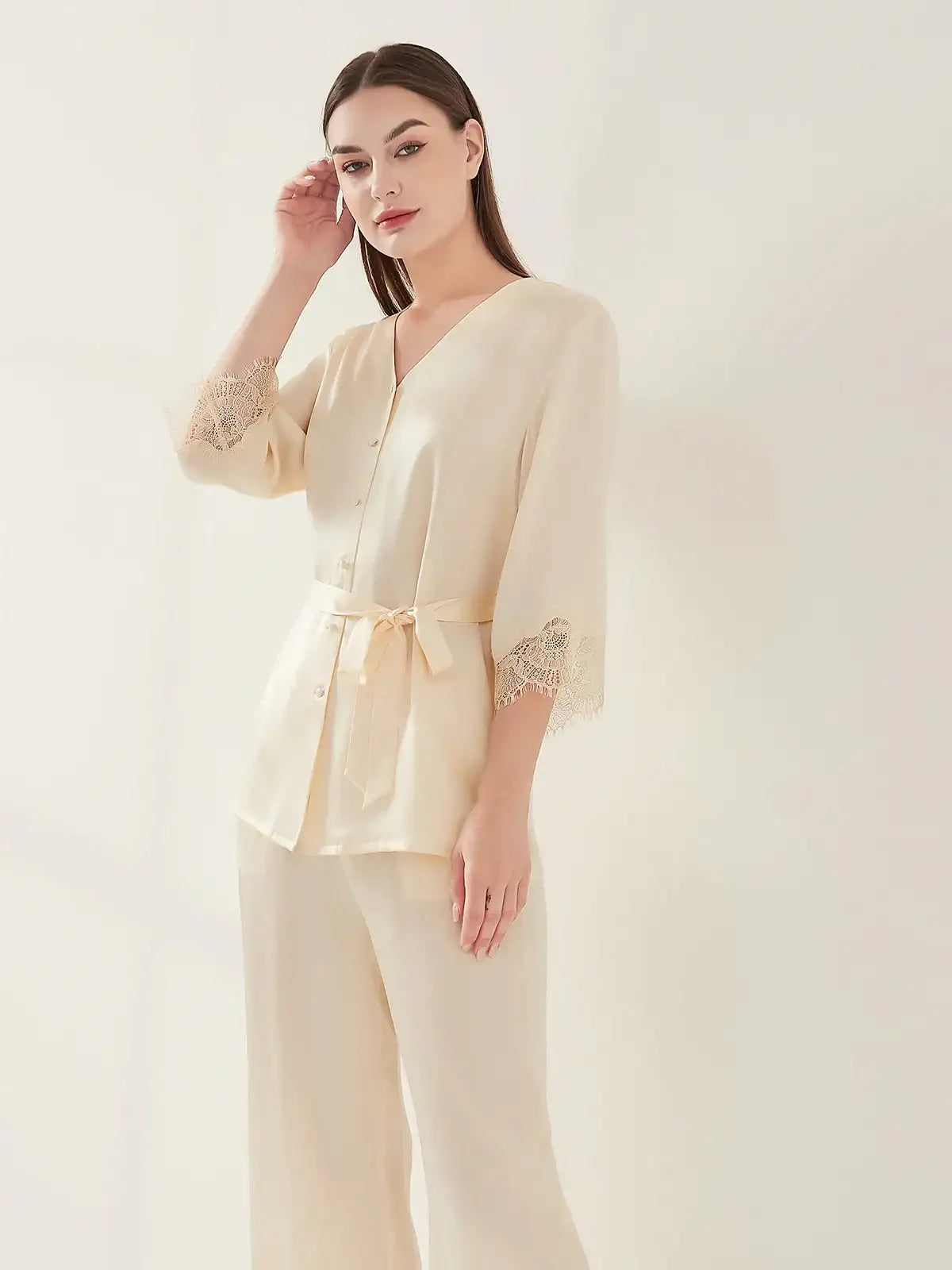 Silk lace pajama set #color_Light Lemon Yellow