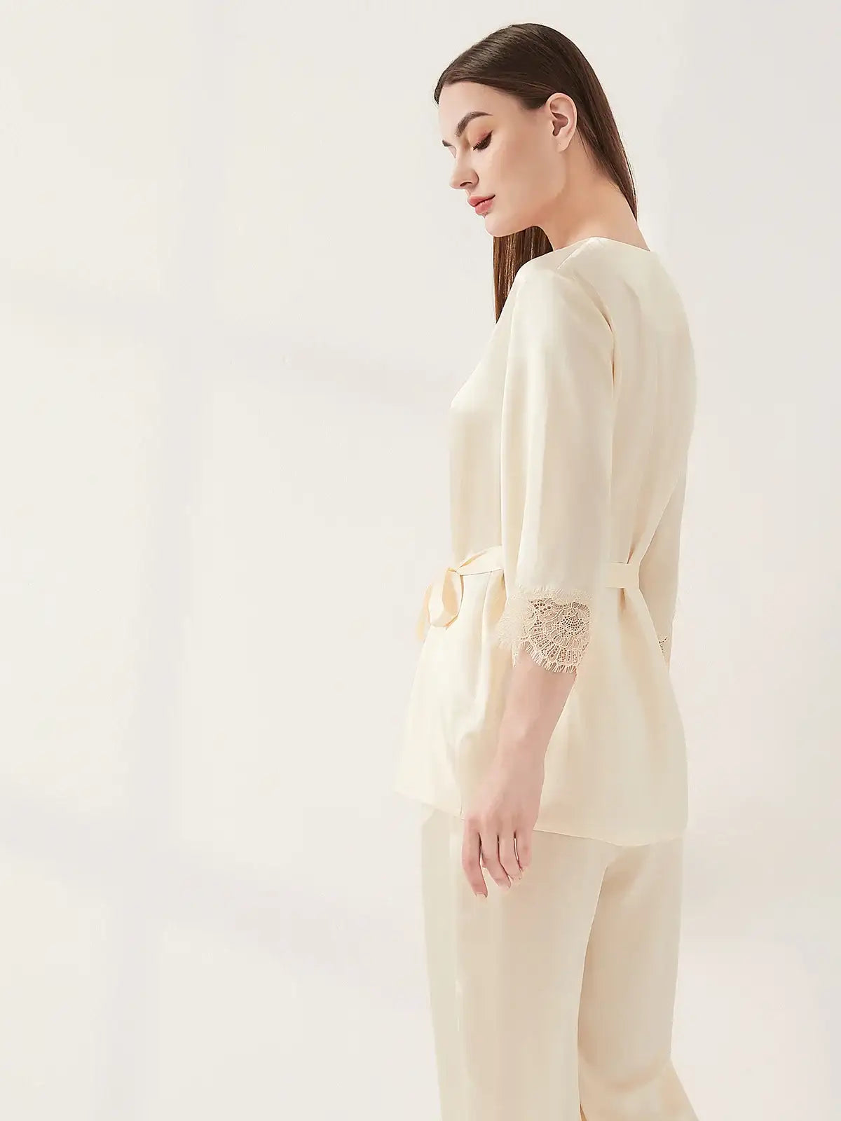 Silk lace pajama set #color_Light Lemon Yellow