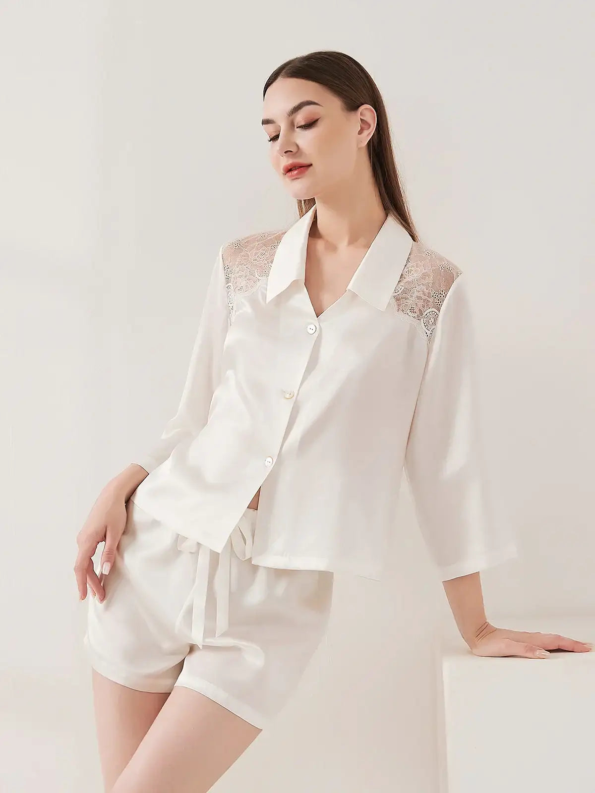 Lace Panel Long Sleeve Shorts Set - JANCESILK