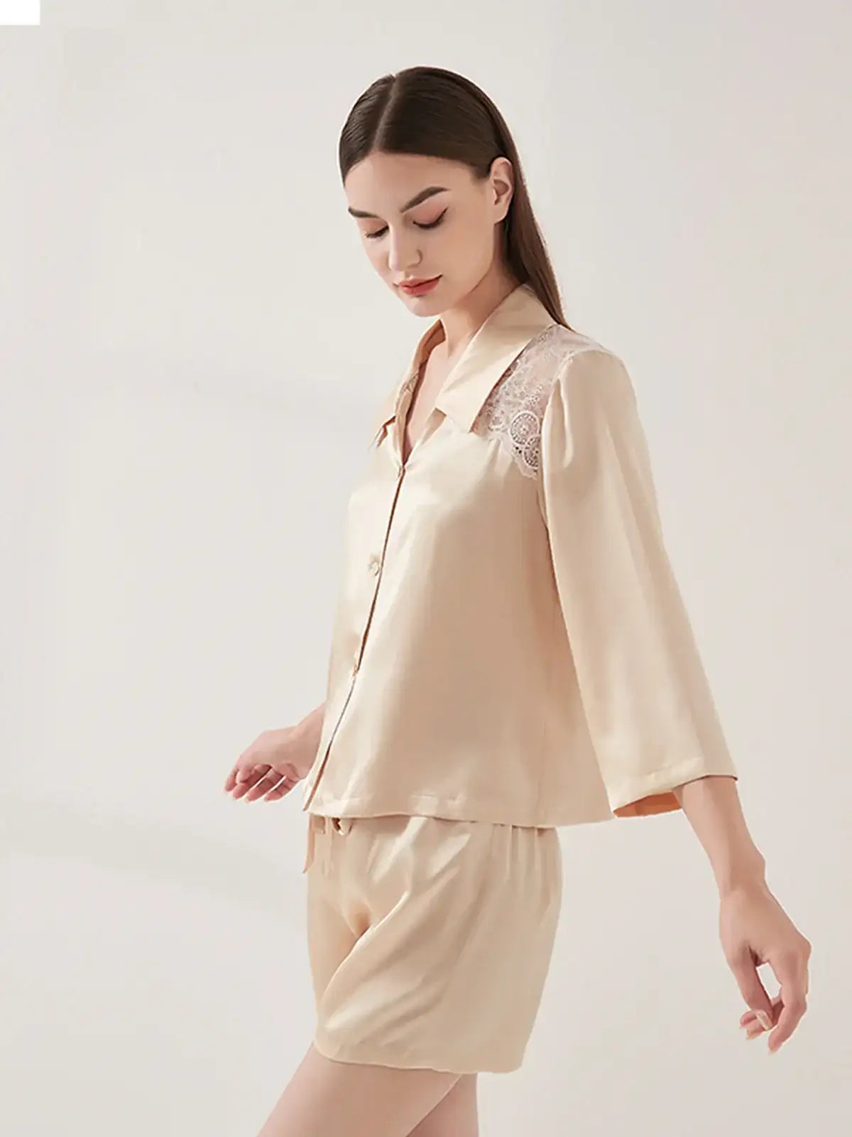Lace Panel Long Sleeve Shorts Set - JANCESILK