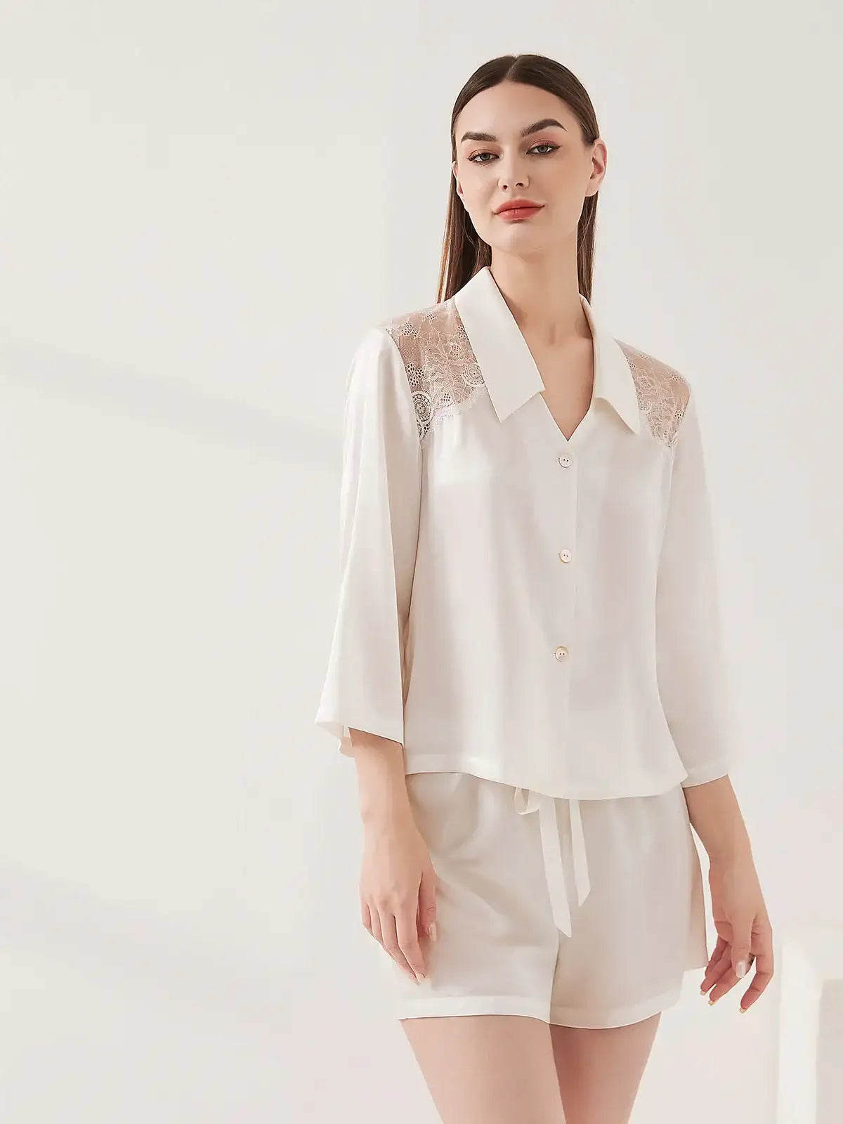 Lace Panel Long Sleeve Shorts Set - JANCESILK