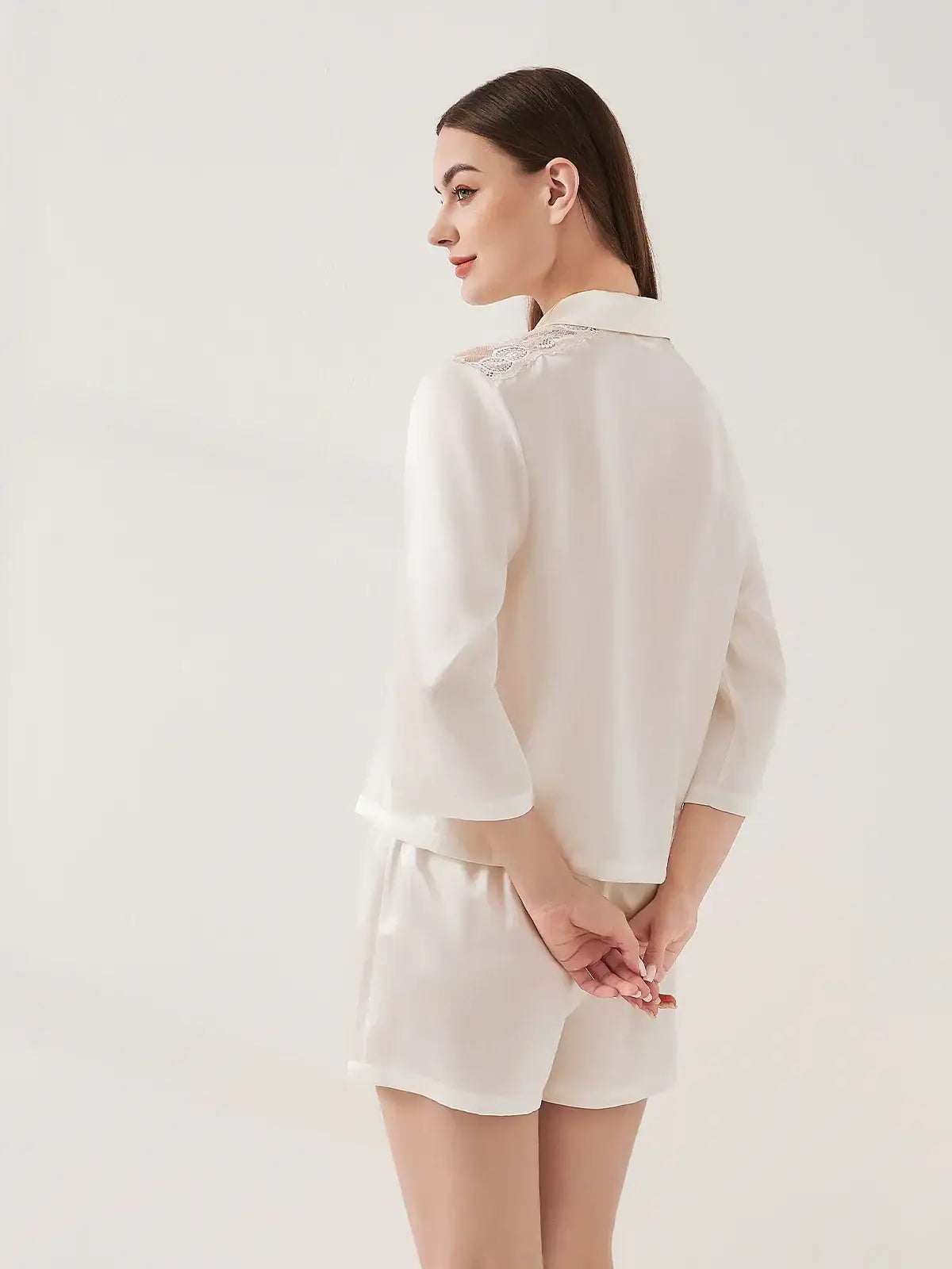 Lace Panel Long Sleeve Shorts Set - JANCESILK