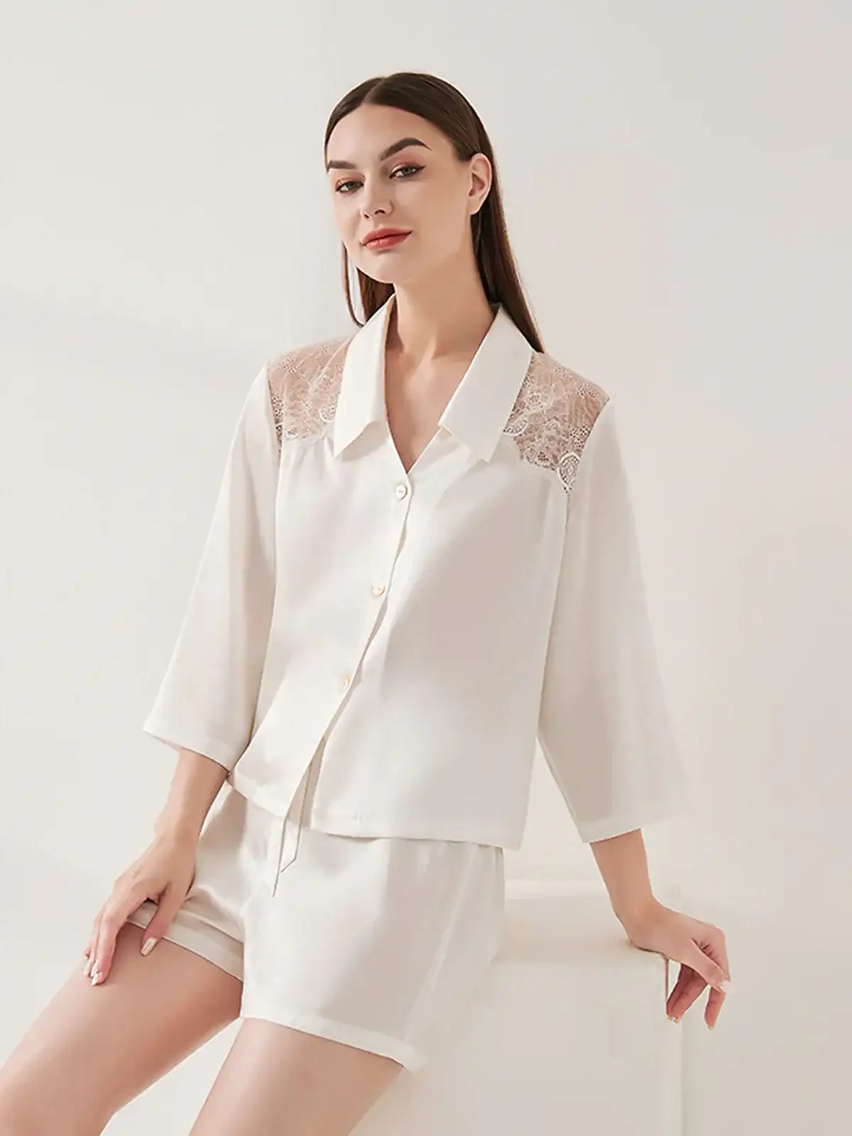 Lace Panel Long Sleeve Shorts Set - JANCESILK