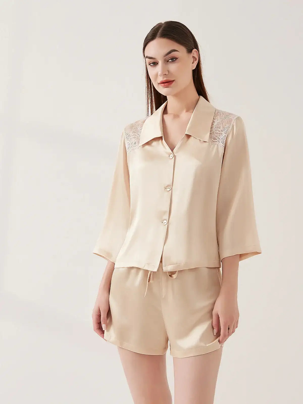 Lace Panel Long Sleeve Shorts Set - JANCESILK