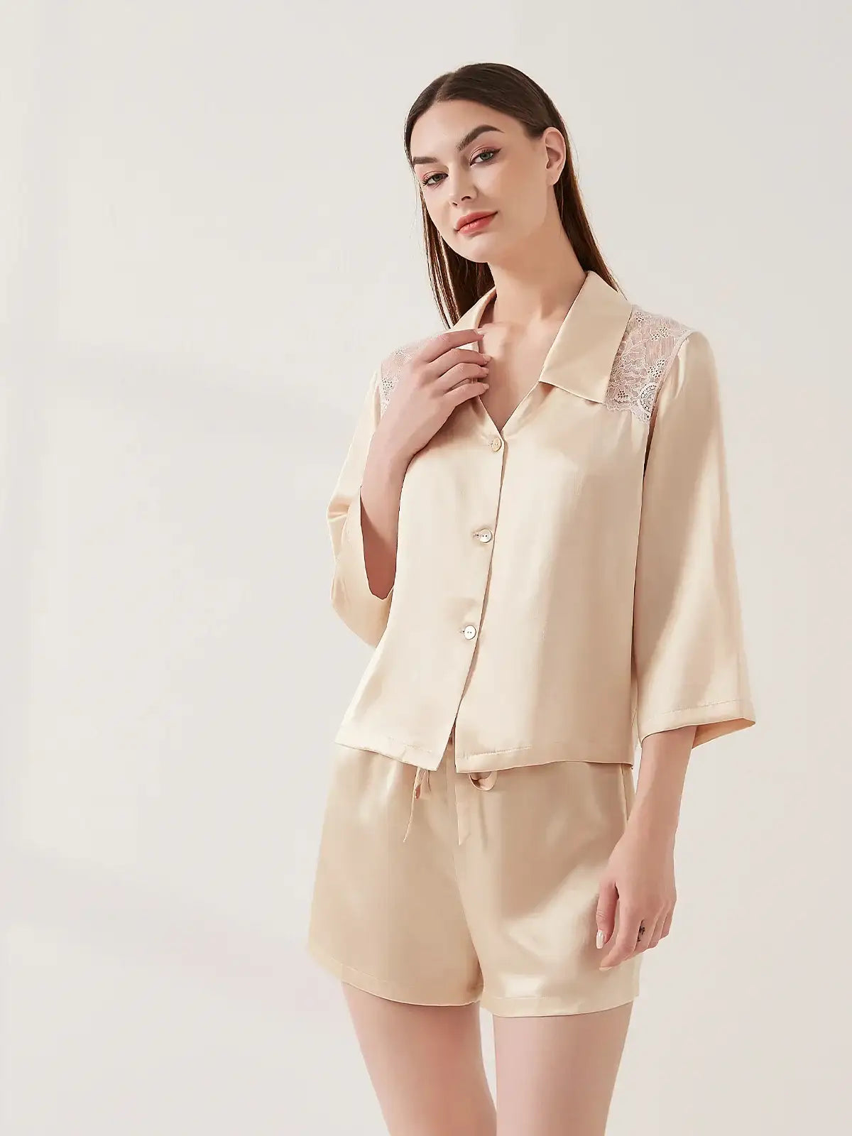 Lace Panel Long Sleeve Shorts Set - JANCESILK