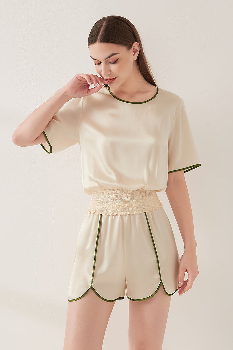 Contrast color split short sleeve shorts set