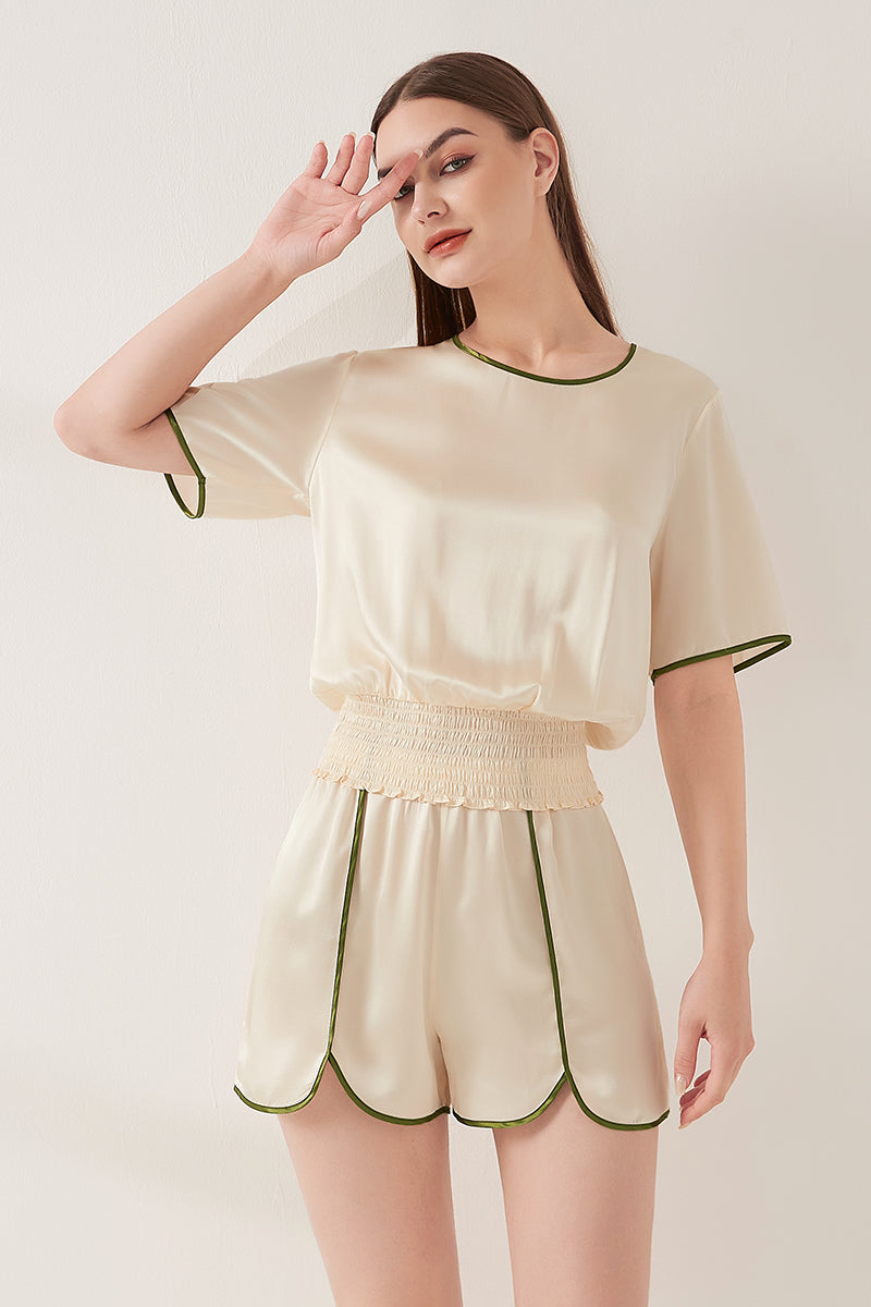 Contrast color split short sleeve shorts set